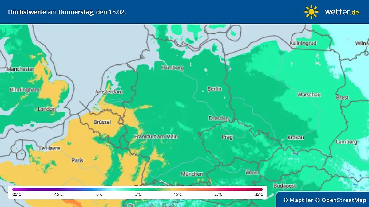 Temperaturhöchstwerte am 13. Februar in Deutschland
