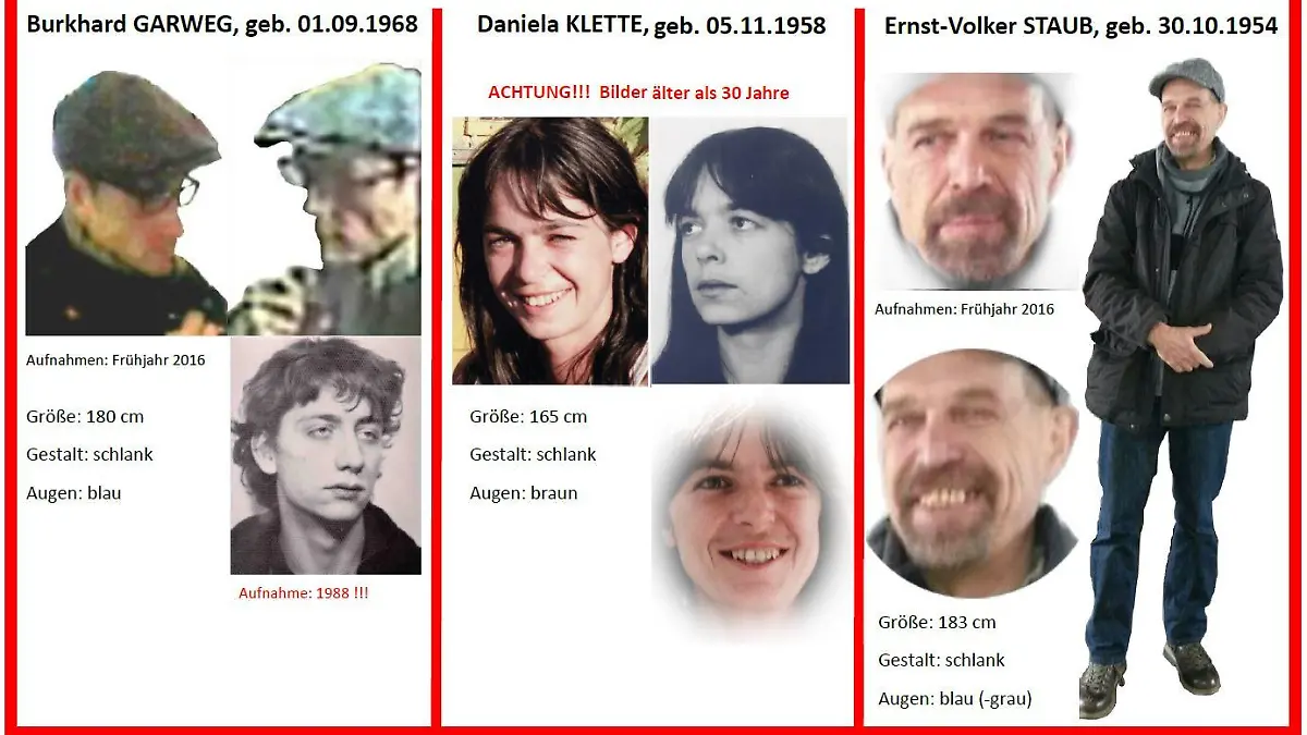 Nach einem versuchten Raubüberfall auf einen Geldtransporter am Samstag, den 06.06.2015, vor einem Real Einkaufsmarkt in Stuhr, Nähe Bremen, ergaben die Ermittlungen, dass dafür mit hoher Wahrscheinlichkeit die ehemaligen RAF-Mitglieder STAUB, GARWEG