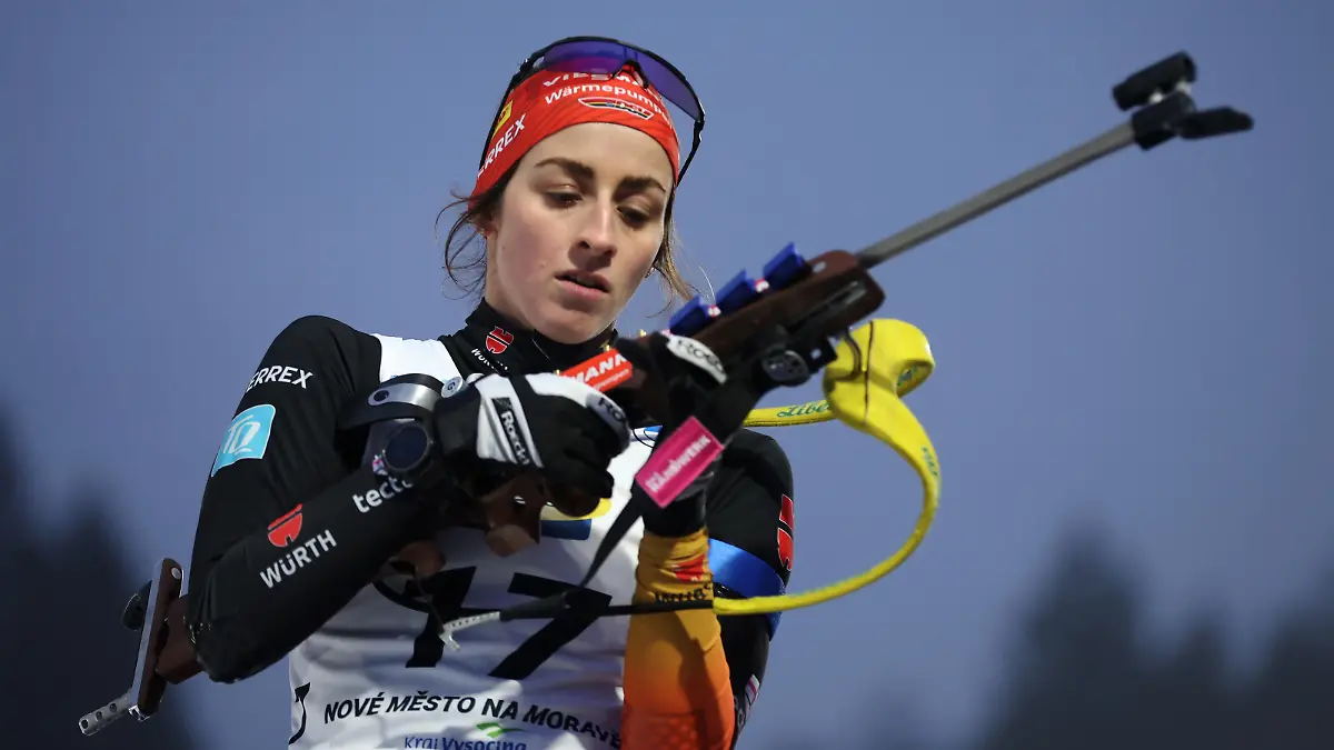NOVE MESTO NA MORAVE, CZECH REPUBLIC - FEBRUARY 09:  Vanessa Voigt of Germany is pictured during the zeroing prior to the Women 7.5km Sprint Competition of the IBU World Championships Biathlon Nove Mesto na Morave on February 09, 2024 in Nove Mesto na Morave, Czech Republic. (Photo by Alex Grimm/Getty Images)