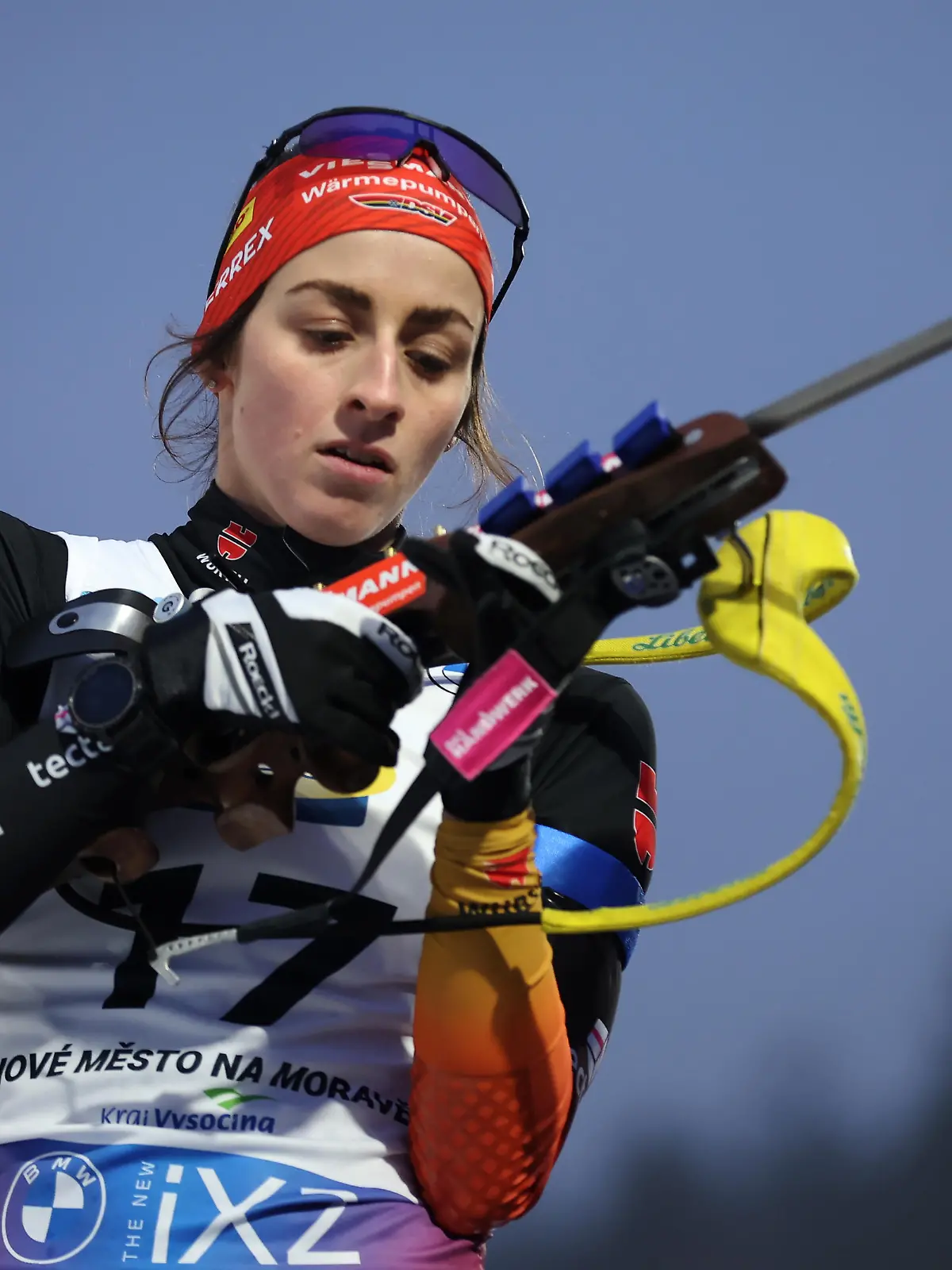 NOVE MESTO NA MORAVE, CZECH REPUBLIC - FEBRUARY 09:  Vanessa Voigt of Germany is pictured during the zeroing prior to the Women 7.5km Sprint Competition of the IBU World Championships Biathlon Nove Mesto na Morave on February 09, 2024 in Nove Mesto na Morave, Czech Republic. (Photo by Alex Grimm/Getty Images)