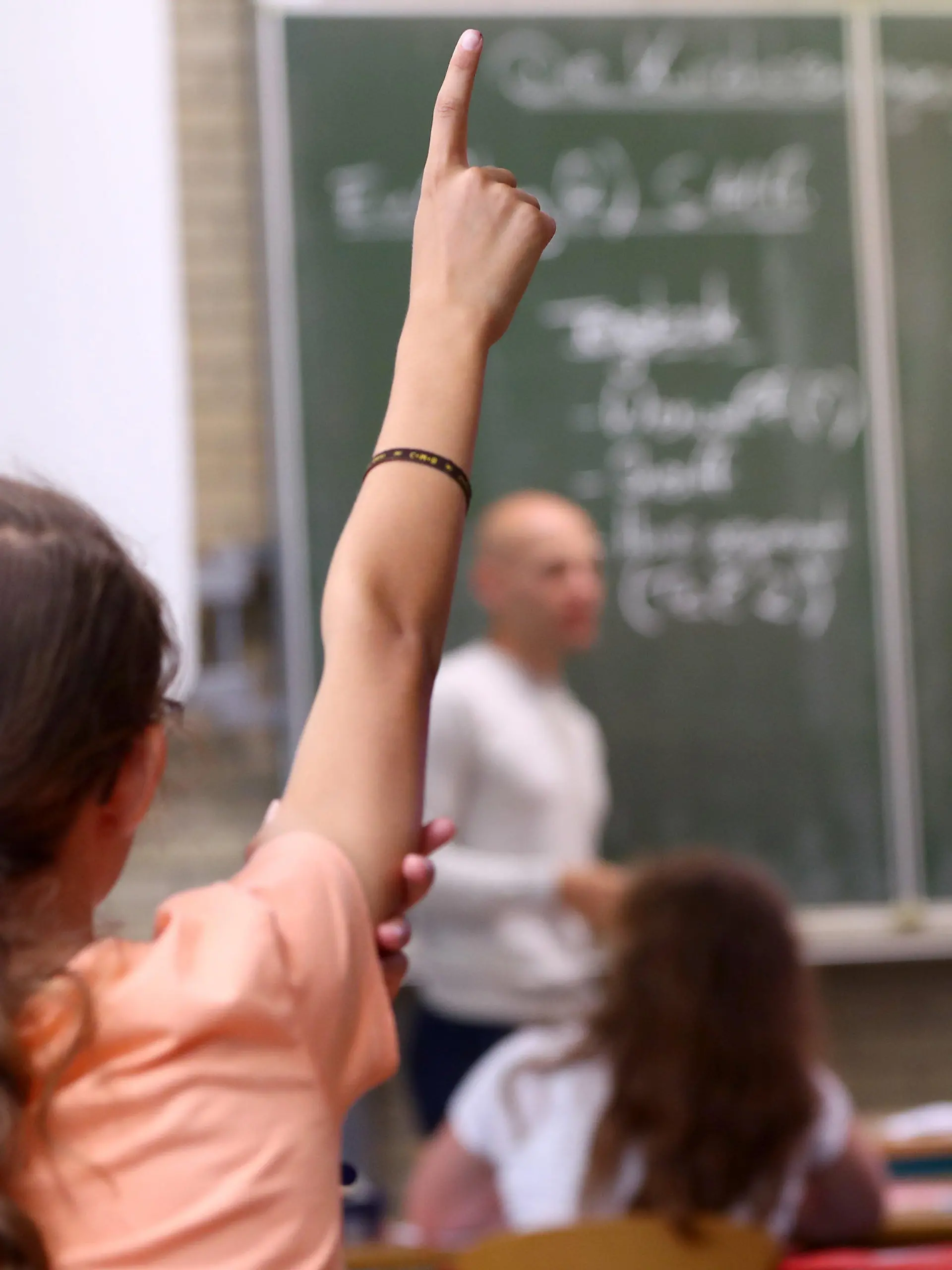 ARCHIV - 19.07.2017, Bayern, Aschaffenburg: Eine Schülerin der fünften Klass hebt im Unterricht den Finger. (zu dpa "Welle der Empörung über AfD-«Pranger» - Länder prüfen Vorgehen" am 11.10.2018) Foto: Daniel Karmann/dpa +++ dpa-Bildfunk +++