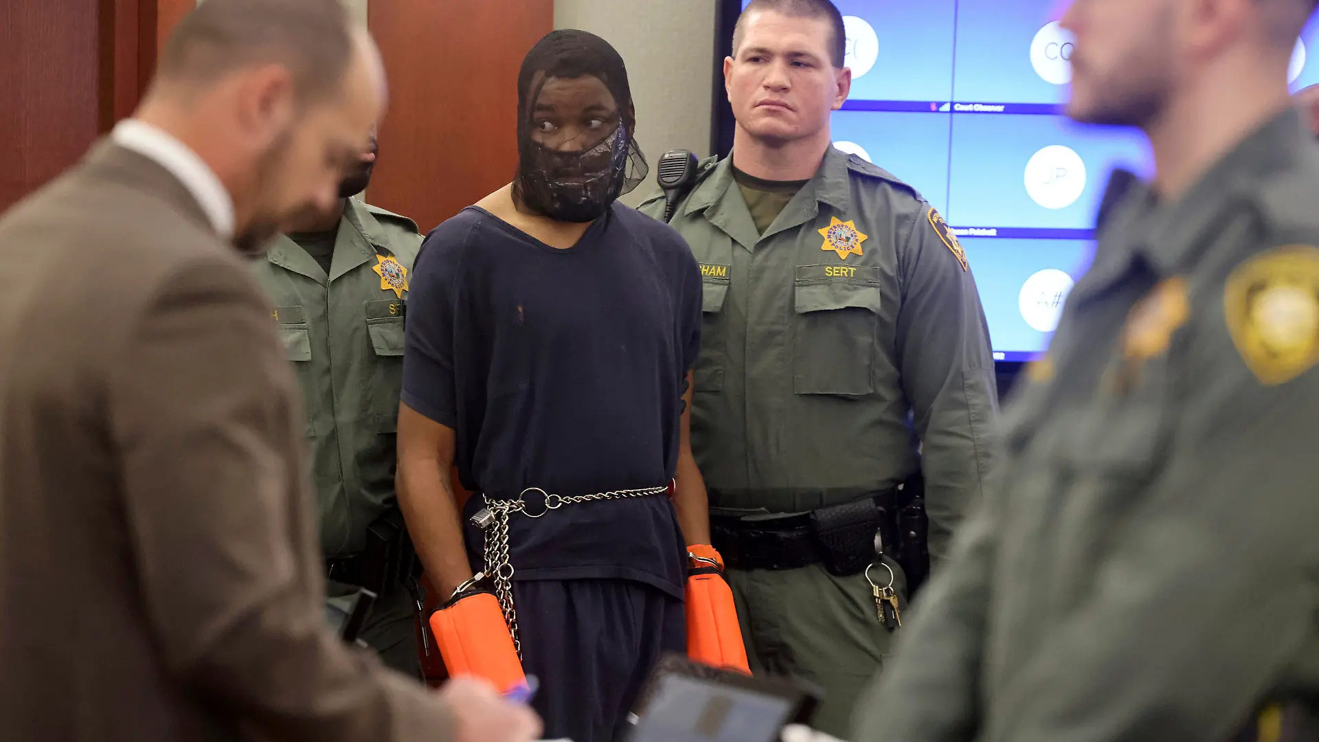 FILE - Deobra Delone Redden appears again in front of Holthus to complete his sentencing at the Regional Justice Center in Las Vegas, on Monday, Jan. 8, 2024. Redden, who leaped over a judicial bench and attacked a Nevada judge during a sentencing hearing in Las Vegas last month has now been indicted by a grand jury for attempted murder Thursday, Feb. 8. (K.M. Cannon/Las Vegas Review-Journal via AP, File)