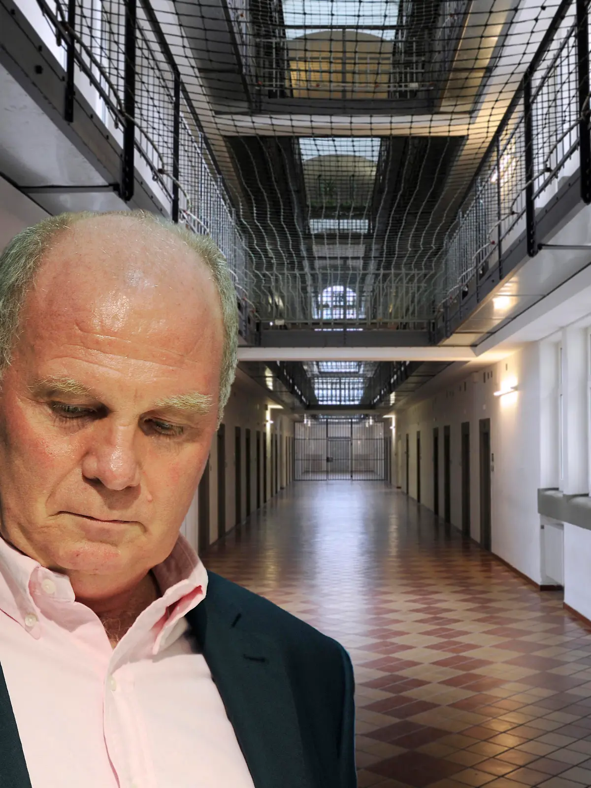 Zum Rueckzug von Uli Hoeness als Praesident des FC Bayern Muenchen. Archivfoto; Uli HOENESS-Haftantritt in der JVA Landsberg. Seit heute sitzt Uli Hoeness (Ex Bayern Muenchen Praesident) seine HAft in der JVA LAndsberg ab. Hoeness wurde wegen Steuerhinterziehung zu einer dreieinhalbjaehrigen Gefaengnisstrafe verurteilt.FOTOMONTAGE. leerer Gefaengnisflur,Zellengang,Zellenflur,Gefaengnisgang, Justizvollzugsanstalt Landsberg am Lech-hier wird Uli HOENESS wegen Steuerhinterziehung seine Gefaengnisstrafe absitzen,Gefaengnis,Haftanstalt,Justizvollzug. Â