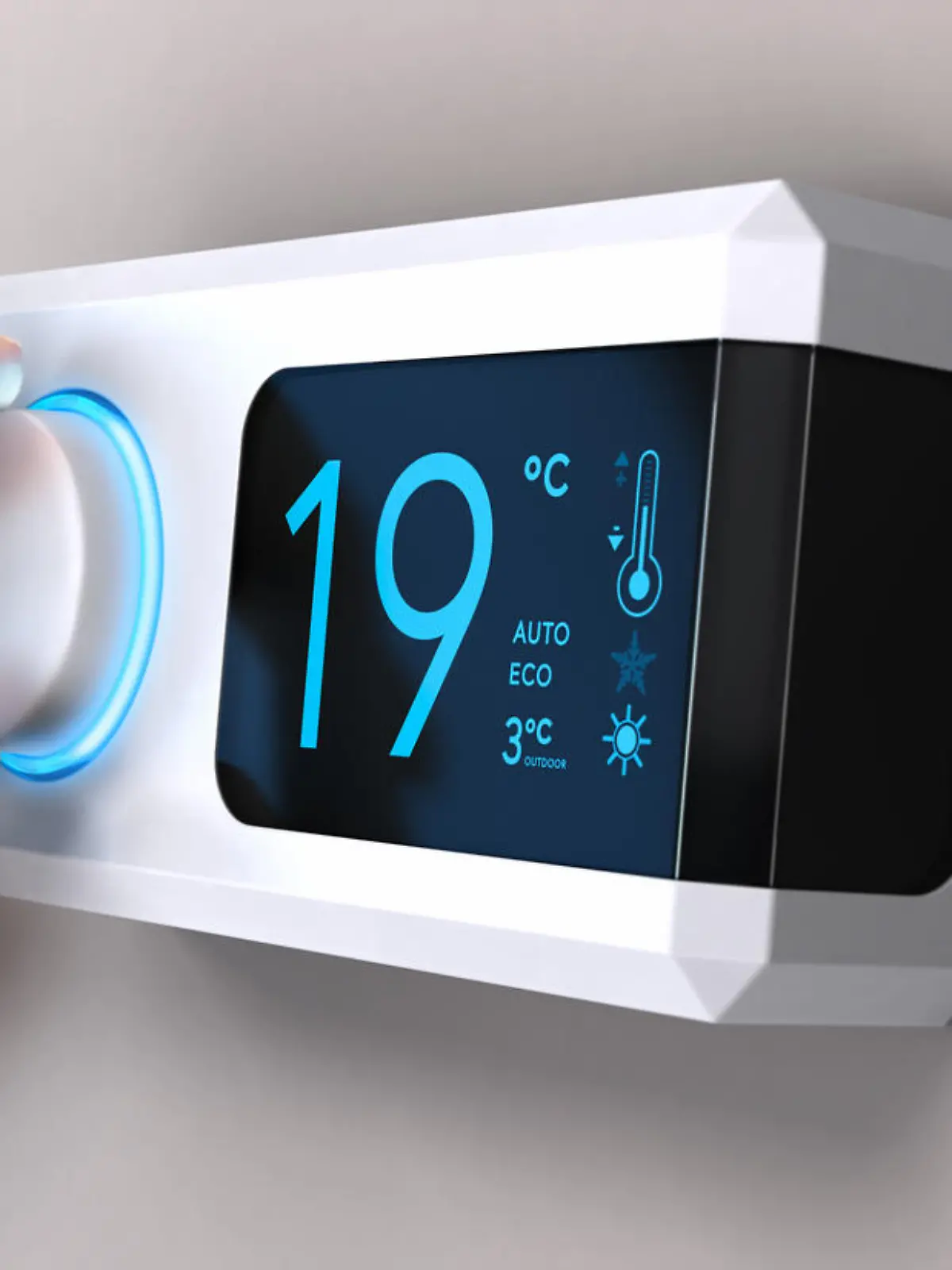 Hand turning a home thermostat knob to set temperature on energy saving mode. celcius units. Composite image between a photography and a 3D background.