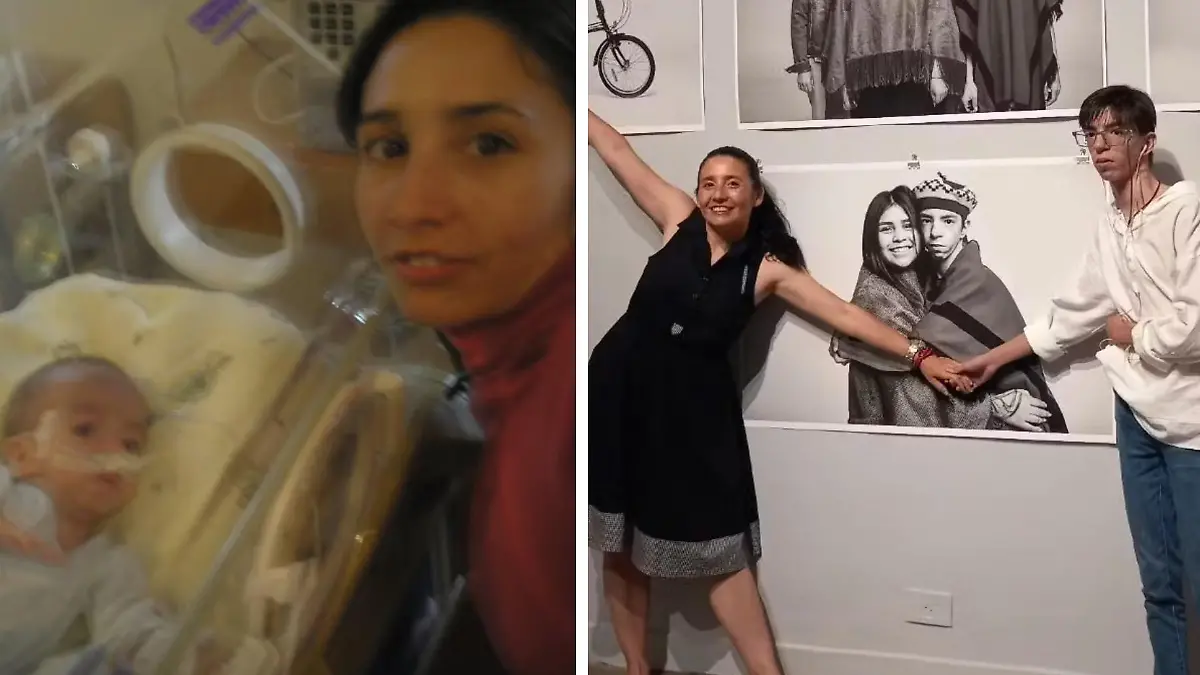 Collage: Silvina Avellaneda am Brutkasten und einmal mit Francisco im Museum