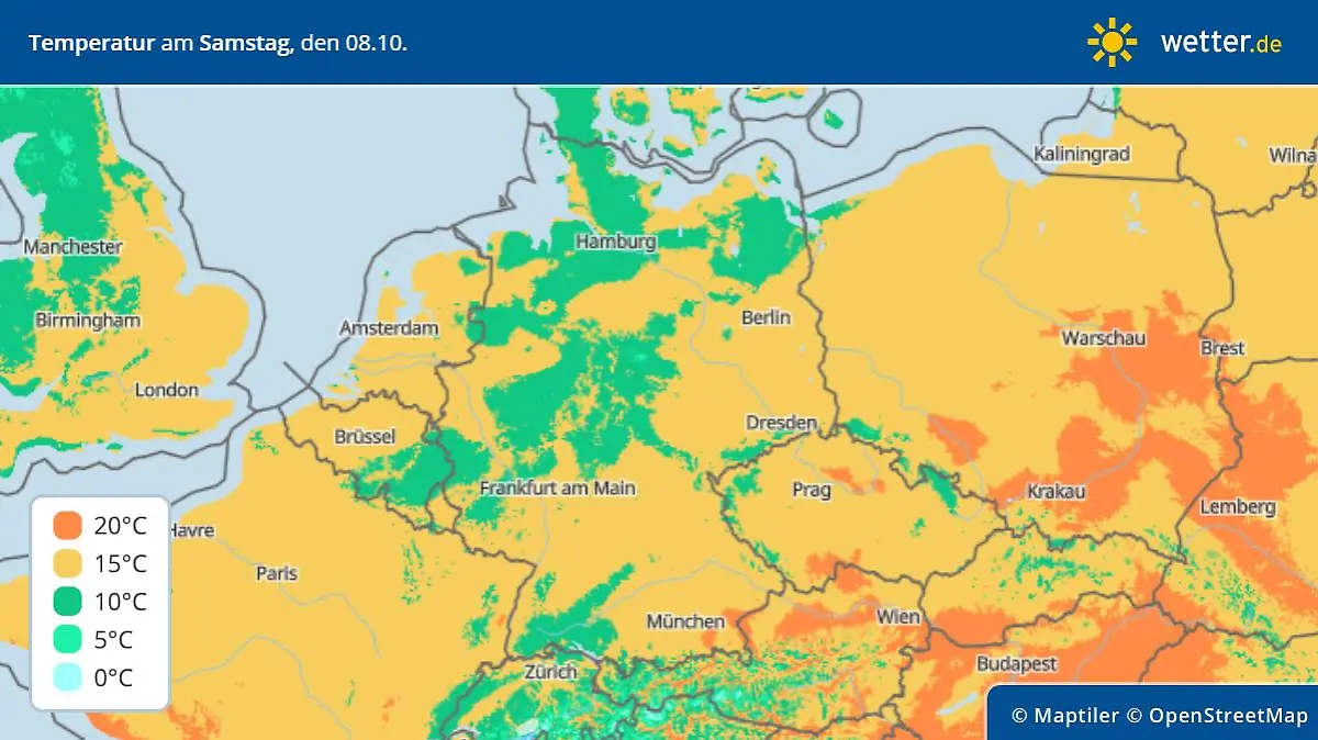 Temperaturhöchstwerte am Samstag, 8. Oktober