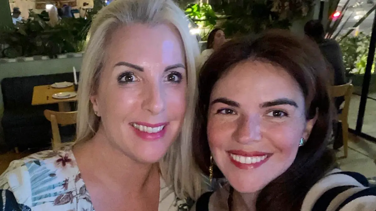 This undated image provided by Sanna Rameau, shows Ana Maria Knezevic, right, and Rameau. Spanish police are searching for Knezevic, a Colombian-American woman who went missing suddenly in Madrid. (Sanna Rameau via AP)