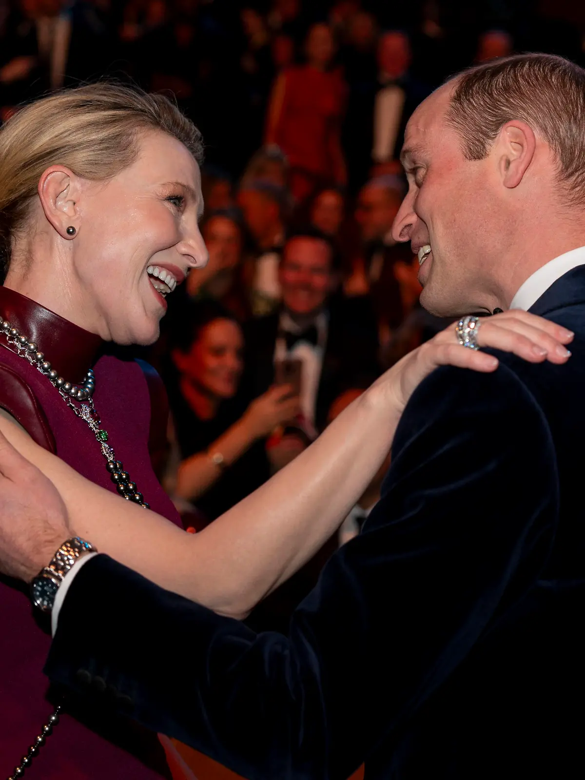 The Prince of Wales, president of Bafta, talks with Cate Blanchett at the Bafta Film Awards 2024, at the Royal Festival Hall, Southbank Centre, London. 
Photo by Jordan Pettitt / Royal Rota via Royalfoto