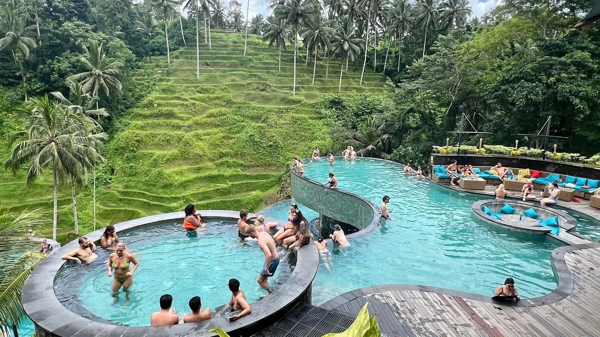 12.02.2024, Indonesien, Ubud: Touristen baden in einem Pool mit Blick auf die berühmten Reisterrassen von Tegallalang. Bali hat eine viel diskutierte «Tourism ax» eingeführt. Das Geld der Urlauber soll vor allem bei der Lösung des massiven Müllproblems helfen. (Zu: «Love Bali»: Trauminsel kassiert Touristensteuer) (zu dpa: ««Love Bali»: Trauminsel kassiert Touristensteuer») Foto: Carola Frentzen/dpa +++ dpa-Bildfunk +++