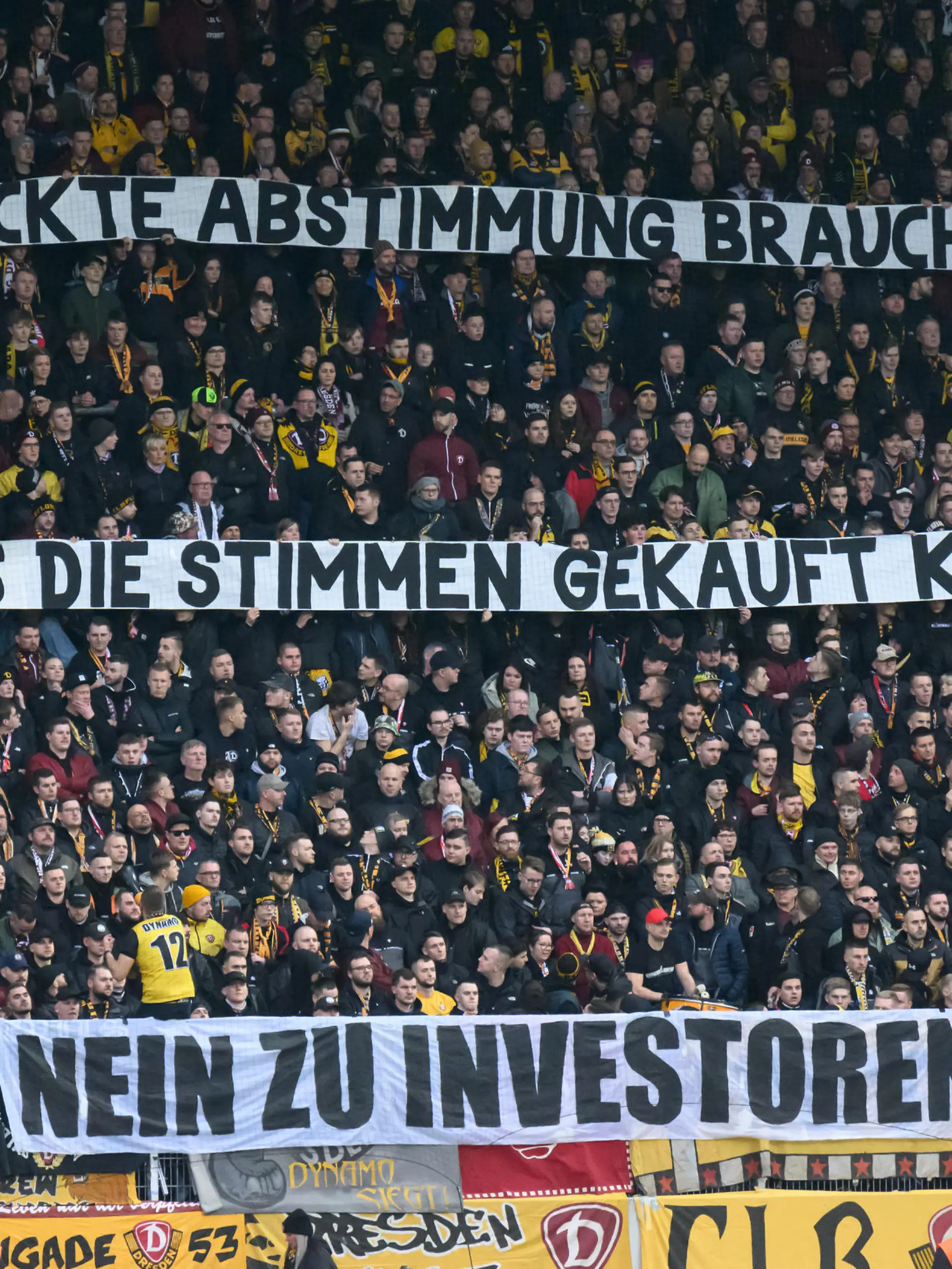 Fußball: 3. Liga, FC Erzgebirge Aue - SG Dynamo Dresden, 26. Spieltag, Erzgebirgsstadion. Dynamos Fans zeigen Banner gegen Investoren in der DFL.