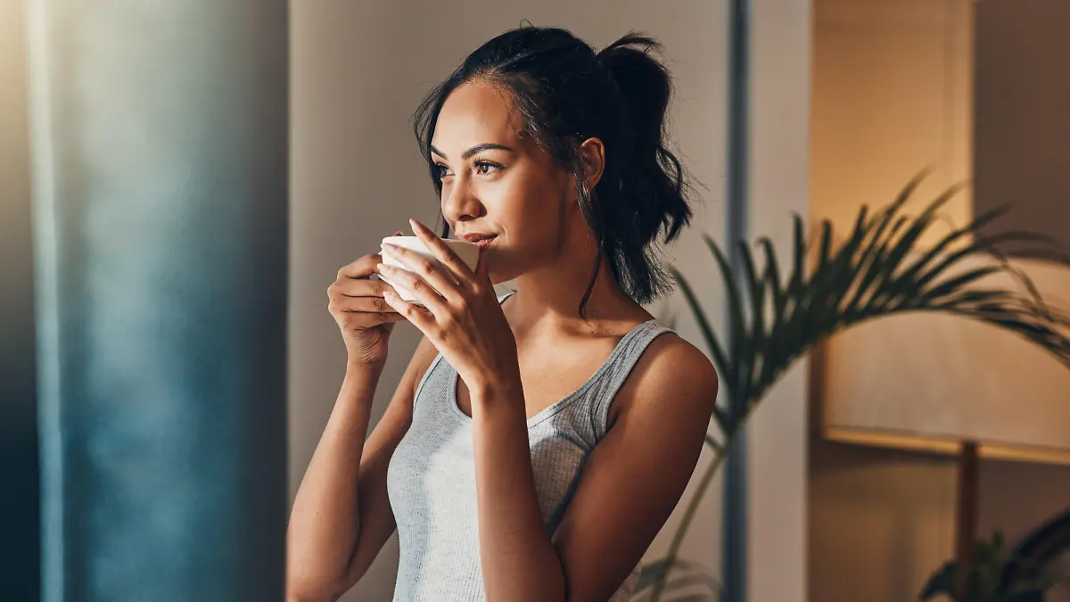 A beautiful young Hispanic woman enjoying a warm cup of coffee for breakfast. One mixed race female drinking tea while looking at the view from a window in her apartment