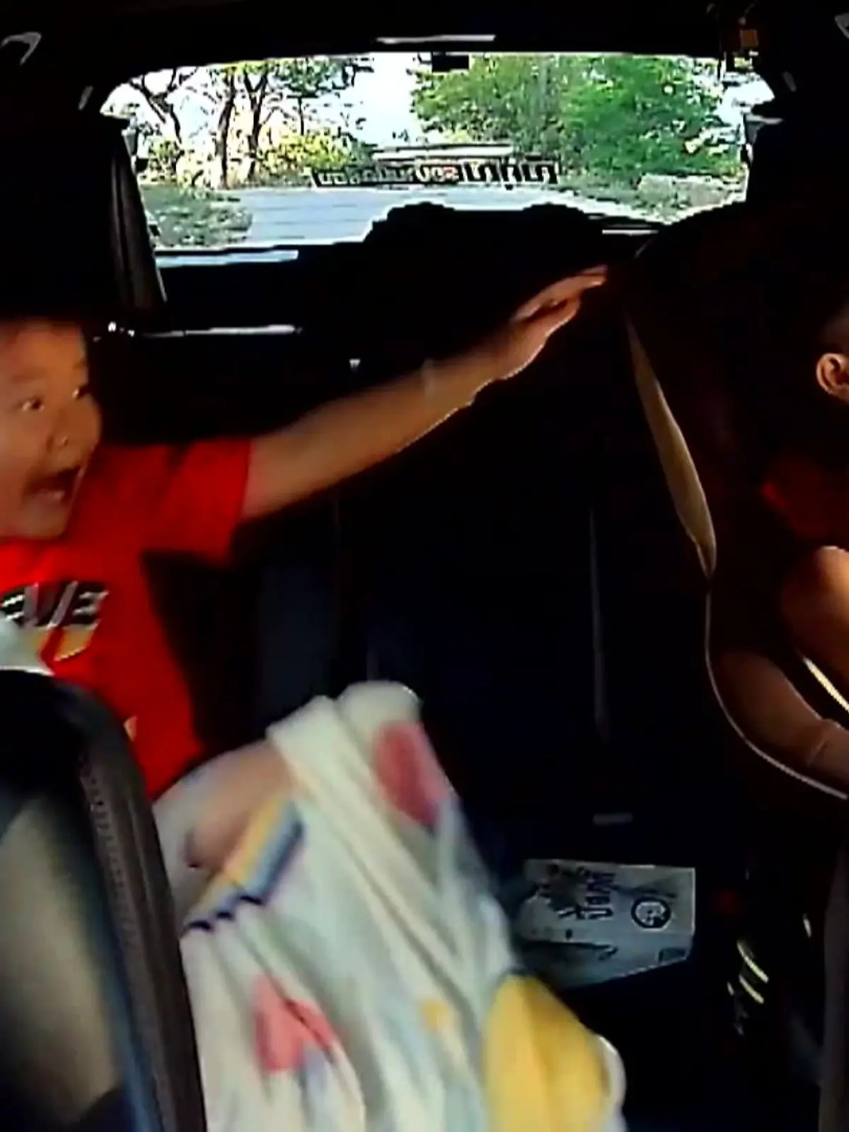 Dieser Junge kann sich sein Grinsen in Richtung eines Affen nicht verkneifen. Er wähnt sich im Auto sitzend in Sicherheit, doch das Gegenteil ist der Fall. Der Affe stürmt in den Wagen und klaut sich etwas zu Essen. Und dann zischt er auch wieder ab. Die Familie im Wagen nimmt den Diebstahl jedenfalls mit Humor