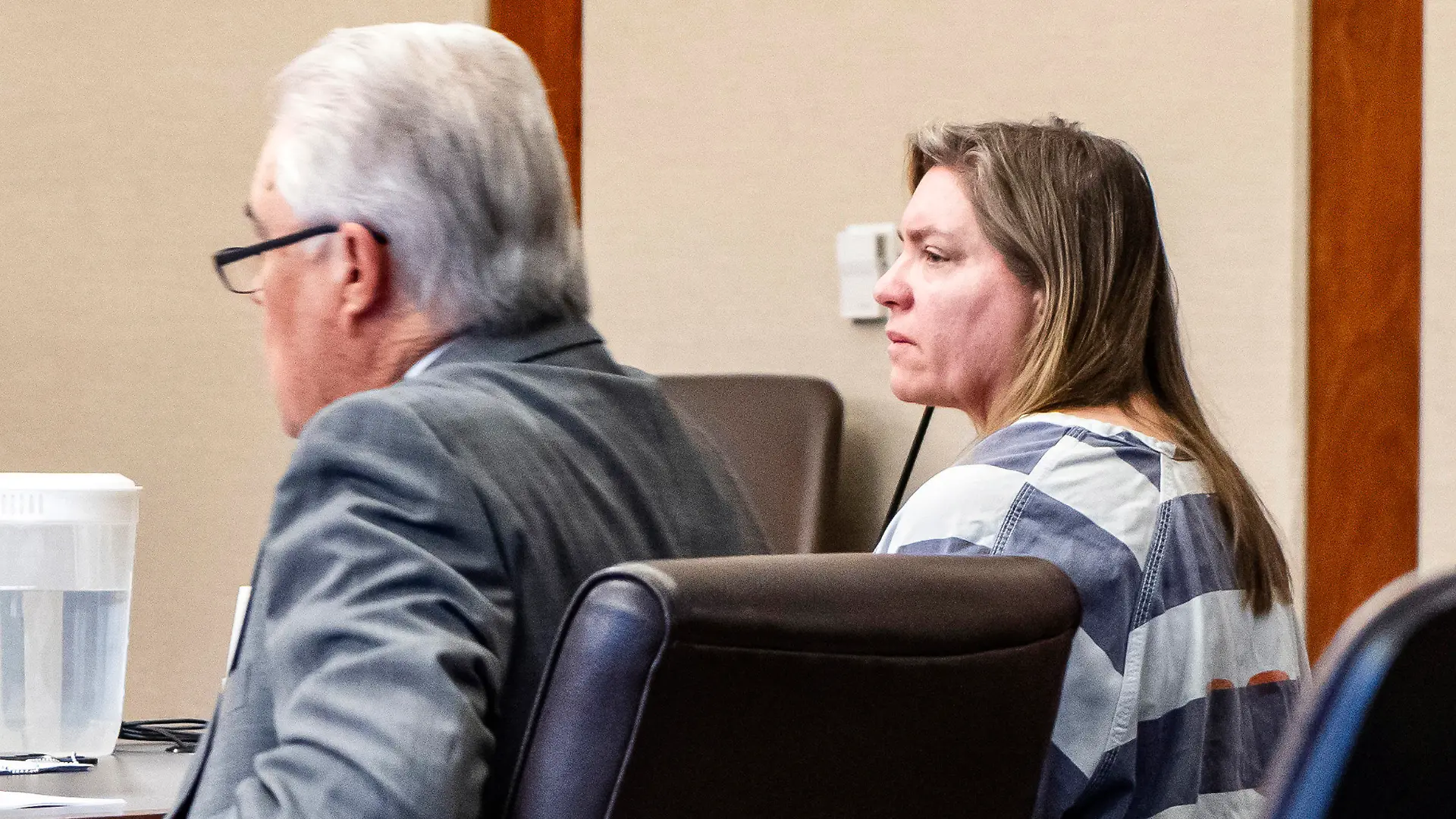 Defendant Jodi Hildebrandt looks on during court Tuesday, Feb. 20, 2024, in St. George, Utah. Hildebrandt, a Utah mental health counselor who had been hired to work with Rudy Franke's youngest son before going into business with Franke, received a prison sentence of up to 60 years. Franke and Hildebrandt had each pleaded guilty to four counts of aggravated child abuse for trying to convince Franke’s two youngest children that they were evil, possessed and needed to be punished to repent. (Sheldon Demke/St. George News via AP, Pool)