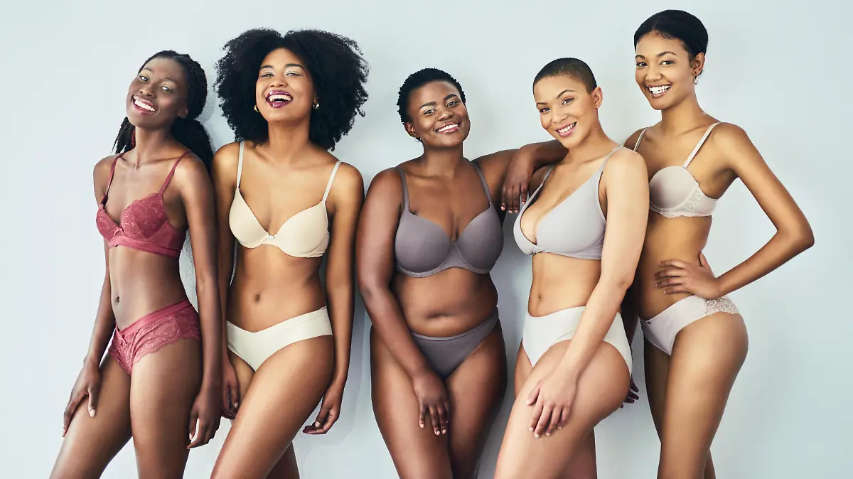 Studio shot of a group of beautiful young women posing together in their underwear against a grey background