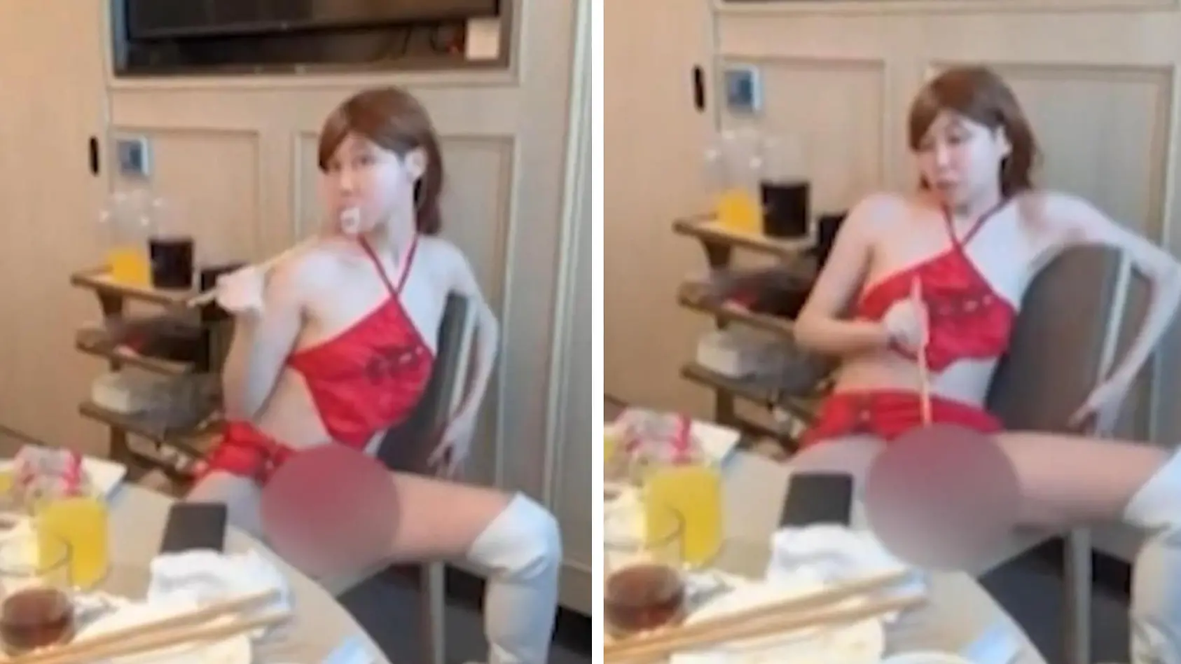 Frau reibt sich mit Essen im Schritt