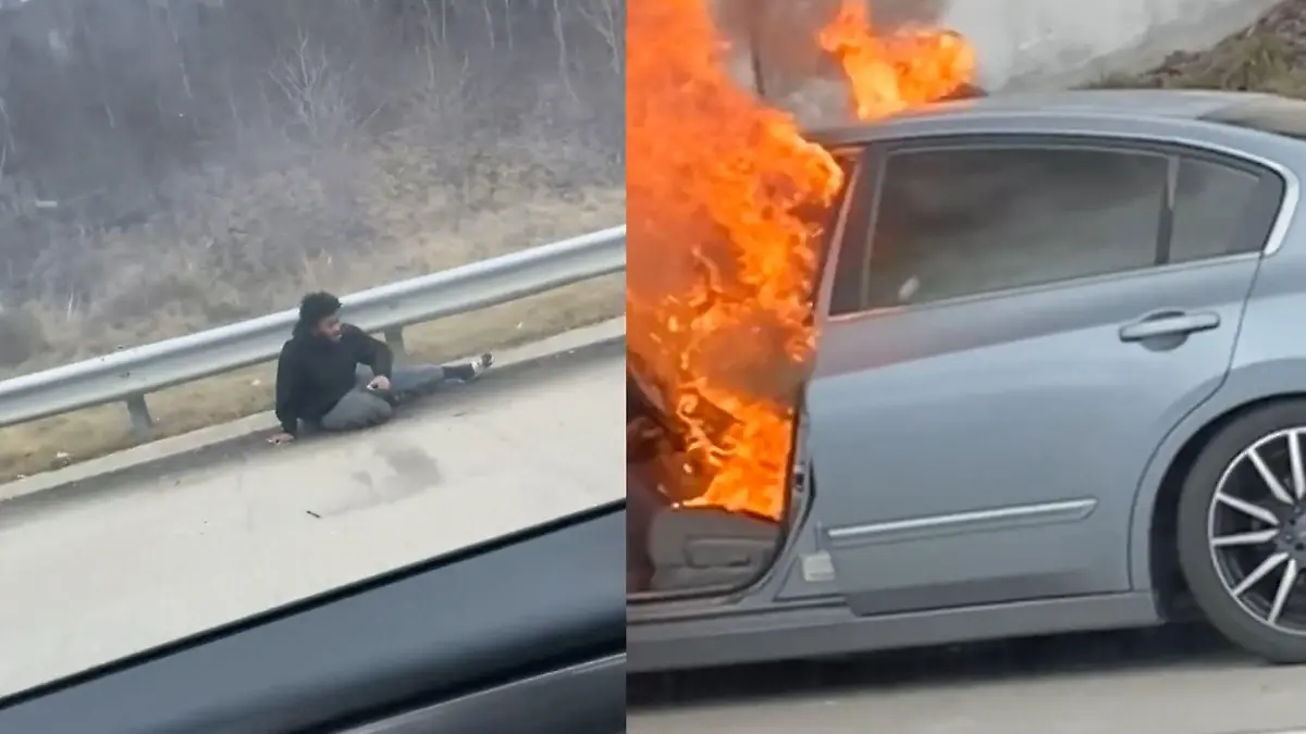 Mann rettet sich aus fahrendem Fahrzeug vor Flammentod Wie im Action-Film