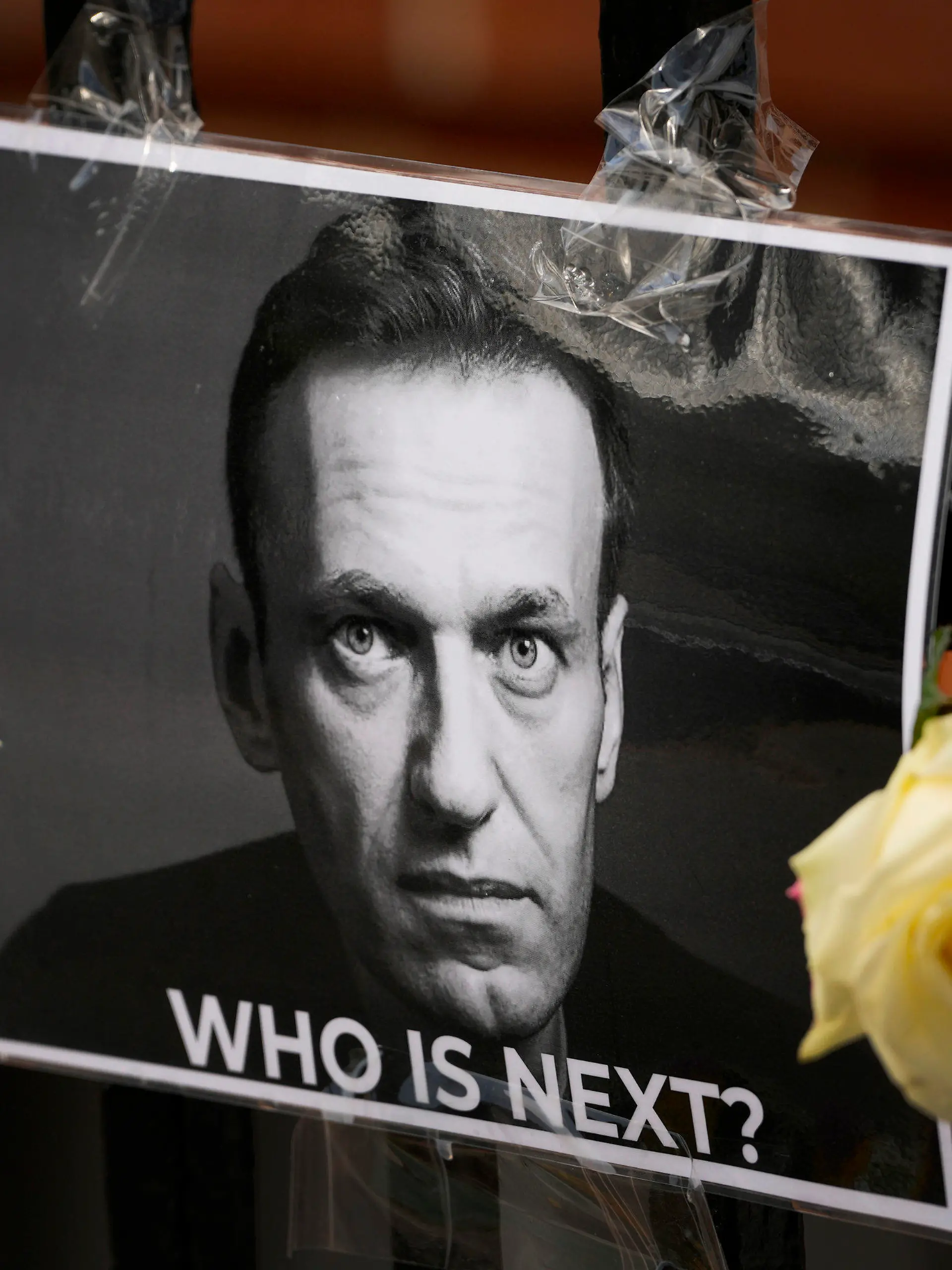 FILE - A flower and a picture are left as a tribute to Russian politician Alexei Navalny, near to the Russian Embassy in London, Feb. 18, 2024. The U.S. government is hitting Russia with the largest tranche of financial penalties imposed on Moscow since its 2022 invasion of Ukraine. They target roughly 600 people and firms from Russia to China to the United Arab Emirates. The sanctions are timed to the second anniversary of the invasion, and in response to the death of Navalny. (AP Photo/Kirsty Wigglesworth, File)