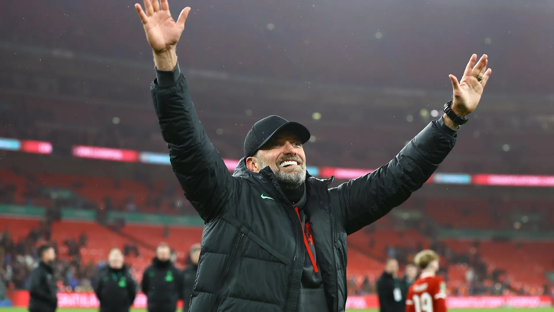 Liverpool manager Jurgen Klopp celebrates after the full time whistle Chelsea v Liverpool, EFL Carabao Cup Final, Football, Wembley Stadium, London, UK - 25 Feb 2024 EDITORIAL USE ONLY No use with unauthorised audio, video, data, fixture lists, club/league logos or live services. Online in-match use limited to 120 images, no video emulation. No use in betting, games or single club/league/player publications. PUBLICATIONxINxGERxSUIxAUTxHUNxGRExMLTxCYPxROUxBULxUAExKSAxONLY Copyright: xKieranxMcManus/Shutterstockx 14355229jw
