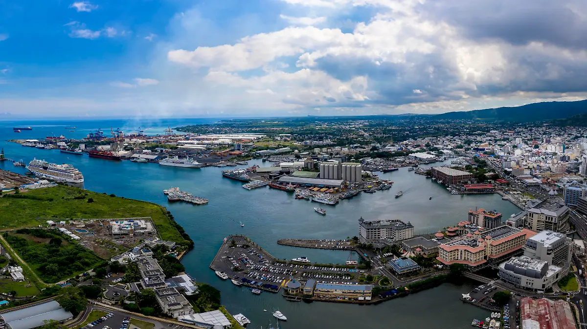 Aerial view, city view of Port Louis with harbor, old town and financial district, Mauritius