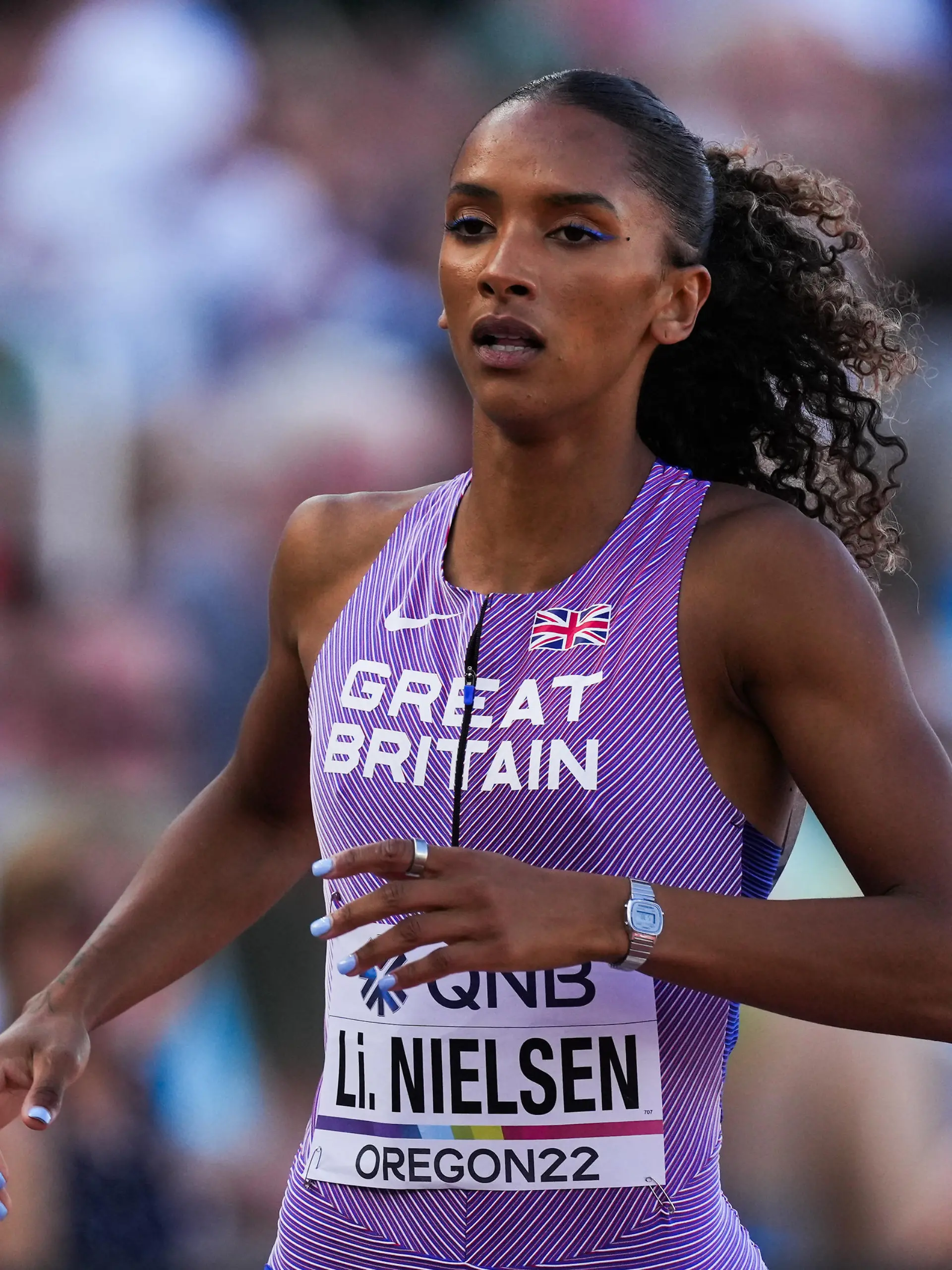 World Athletics Championships Oregon22 - Day Five - Eugene. Great Britain's Lina Nielsen during the Womens 400m Hurdles Heat 4 on day five of the World Athletics Championships at Hayward Field, University of Oregon in the United States. Picture date: Tuesday July 19, 2022. See PA Story ATHLETICS World. Photo credit should read: Martin Rickett/PA Wire. RESTRICTIONS: Use subject to restrictions. Editorial use only, no commercial use without prior consent from rights holder. URN:67960967