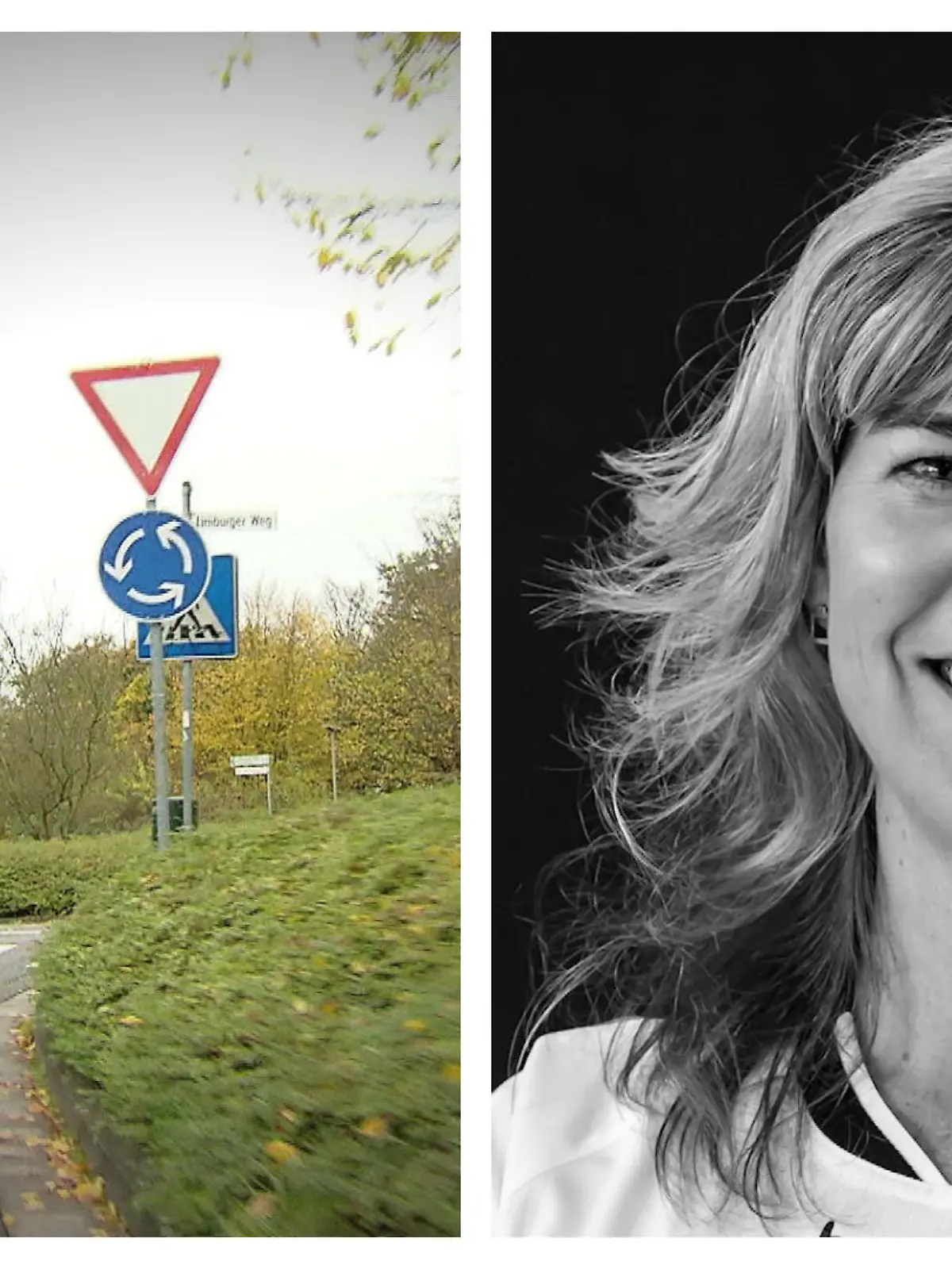 Kreuzung, an der der Unfall passierte und ein Bild des Opfers in einer Collage.