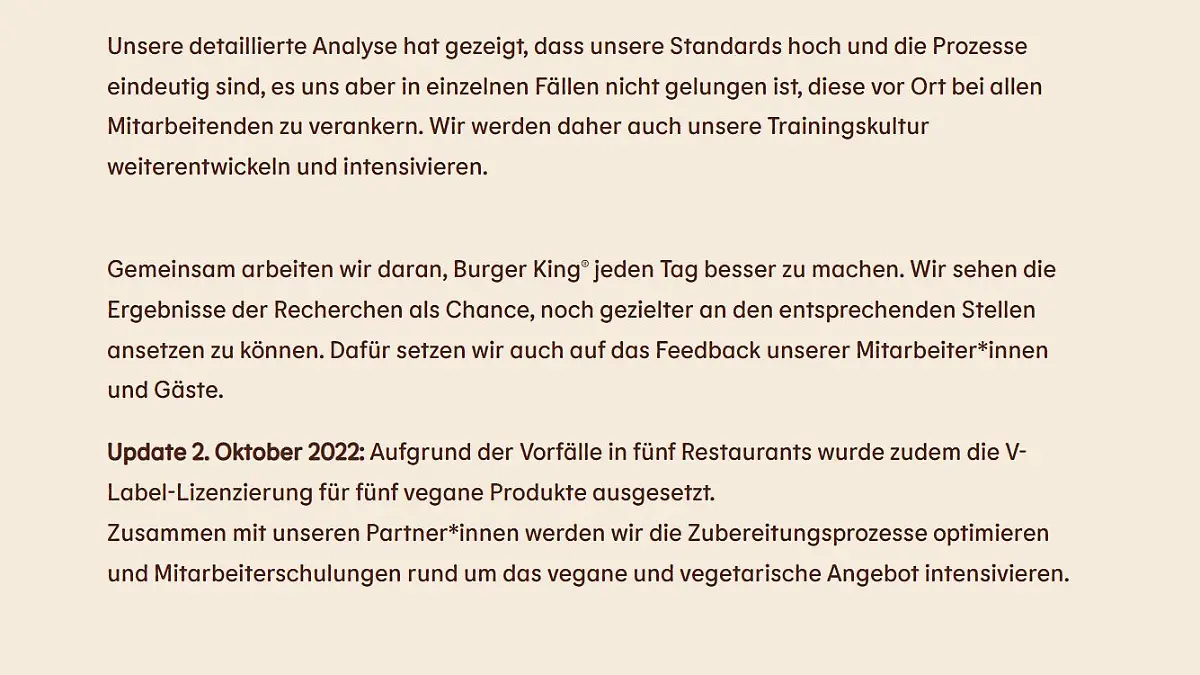Ein Auszug des aktuellen Statements von Burger King.