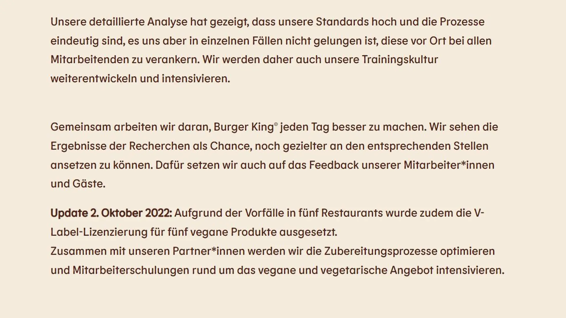 Ein Auszug des aktuellen Statements von Burger King.