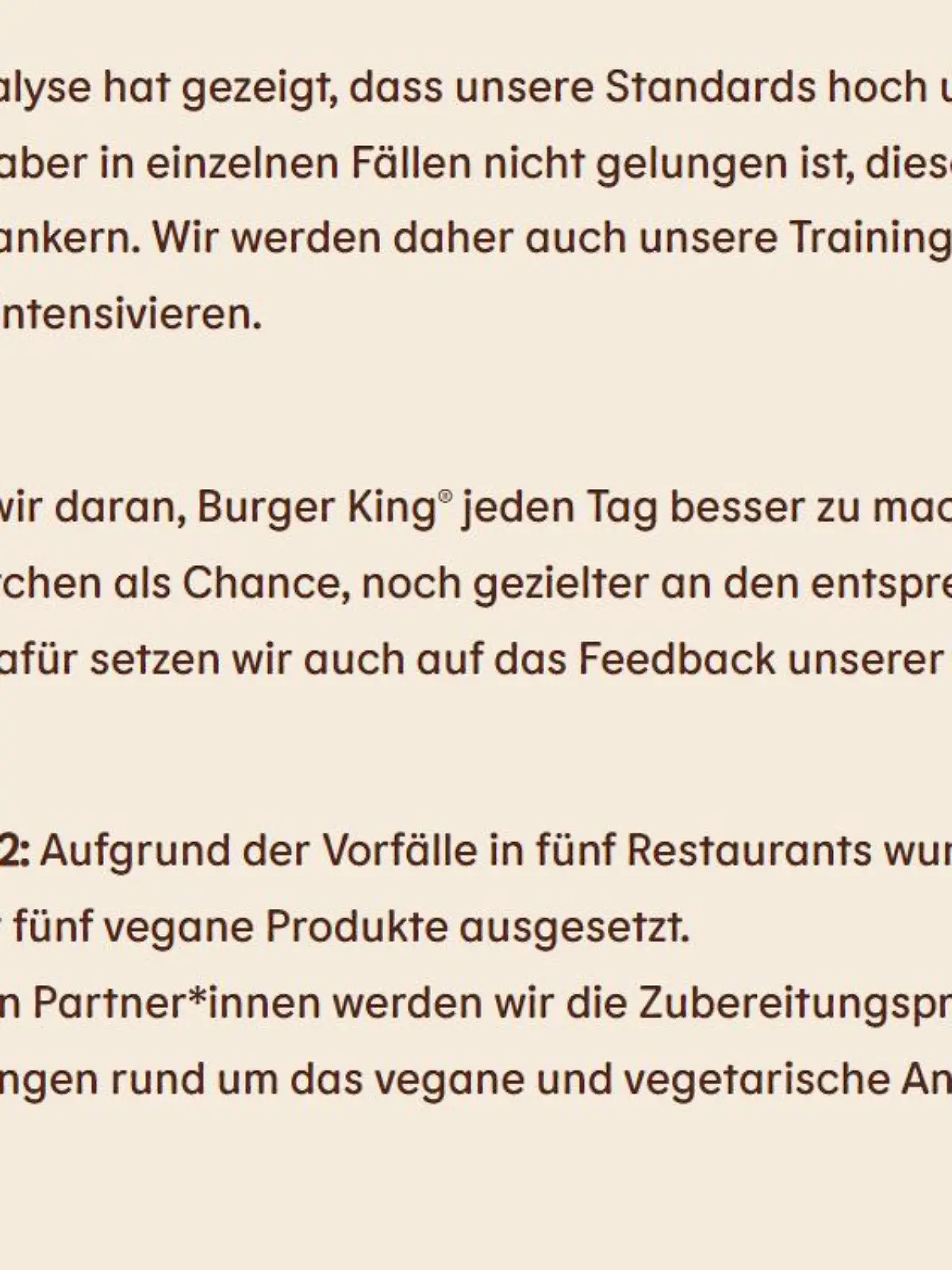 Ein Auszug des aktuellen Statements von Burger King.