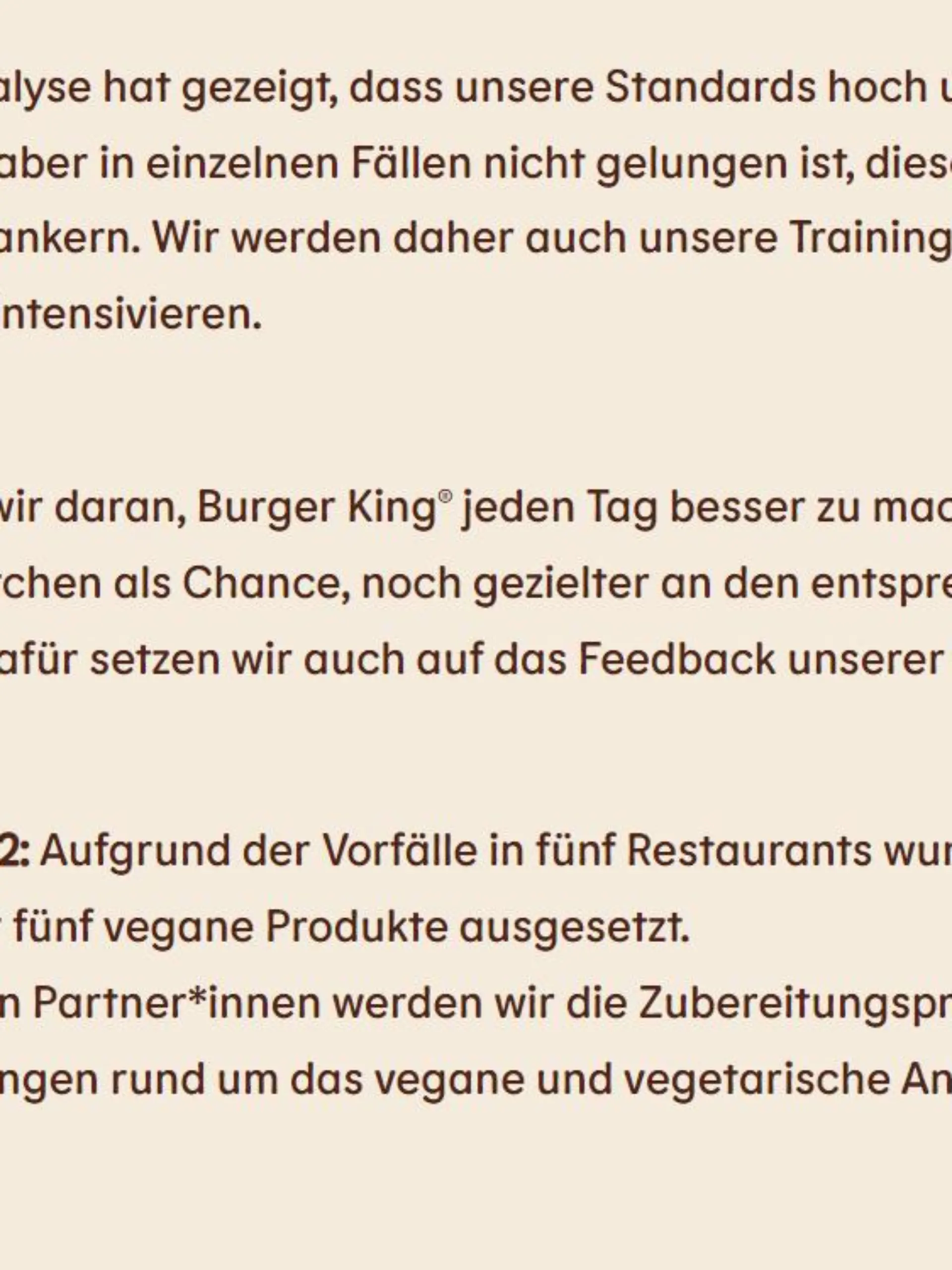 Ein Auszug des aktuellen Statements von Burger King.