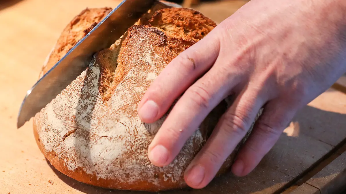 08.02.2019, Sachsen, Leipzig: Ein Mann schneidet in einer Leipziger Bäckerei mit einem Brotmesser ein Roggenmischbrot. Foto: Jan Woitas/dpa-Zentralbild/ZB