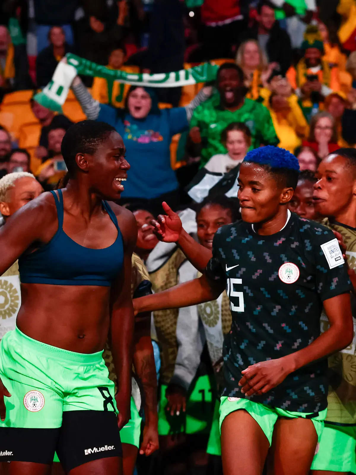 July 27, 2023, Brisbane, Australia: Asisat Oshoala (L) of Nigeria celebrates with team mate Rasheedat Ajibade (R) after scoring a goal during the FIFA Women's World Cup Australia and New Zealand 2023 Group match between Australia and Nigeria at Brisbane Stadium..Nigeria beat Australia 3-2. (Credit Image: © George Hitchens/SOPA Images via ZUMA Press Wire