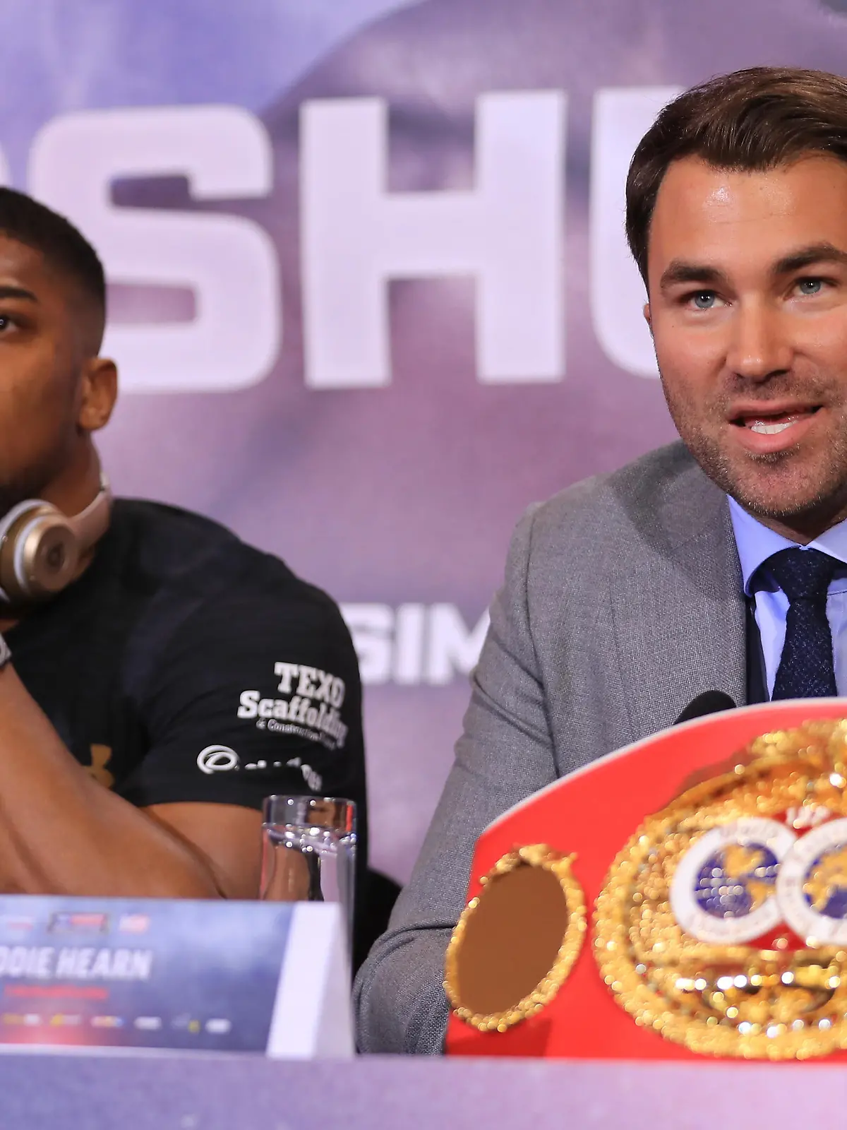 LONDON, ENGLAND - APRIL 27:  Eddie Hearn, boxing promoter (R) and Anthony Joshua  (L) speak during a press conference for his Super Heavyweight title fight against Wladamir Klitschko at Sky Sports Studios on April 27, 2017 in London, England. Anthony Joshua and Wladamir Klitschko are due to fight for the IBF, IBO and WBA Super Heavyweight Championships of the World at Wembley Stadium on April 29.  (Photo by Richard Heathcote/Getty Images)
