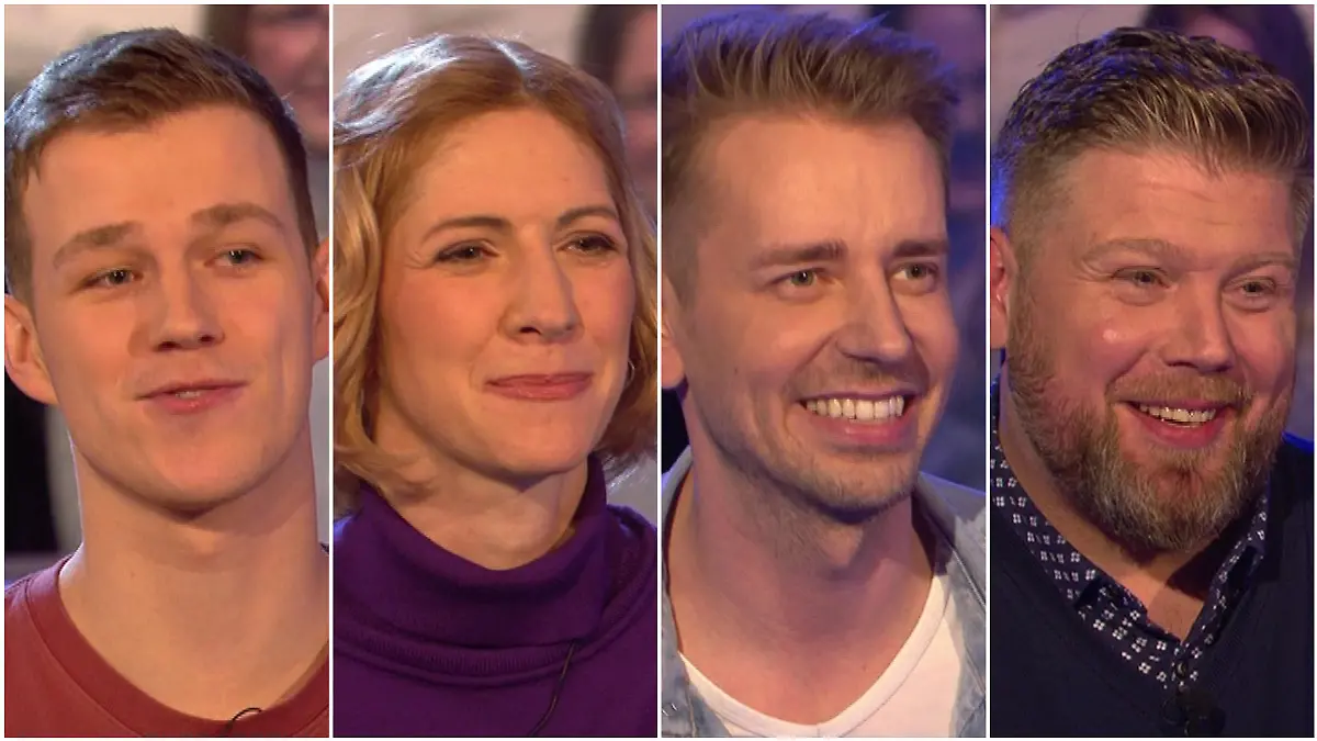Günther Jauchs „Wer wird Millionär?“-Kandidaten am Montag, 26. Februar:  Luca Jonas Wiedemann, Sabine Lehmann, Rüdiger Matthews und Sebastian Wilkens.