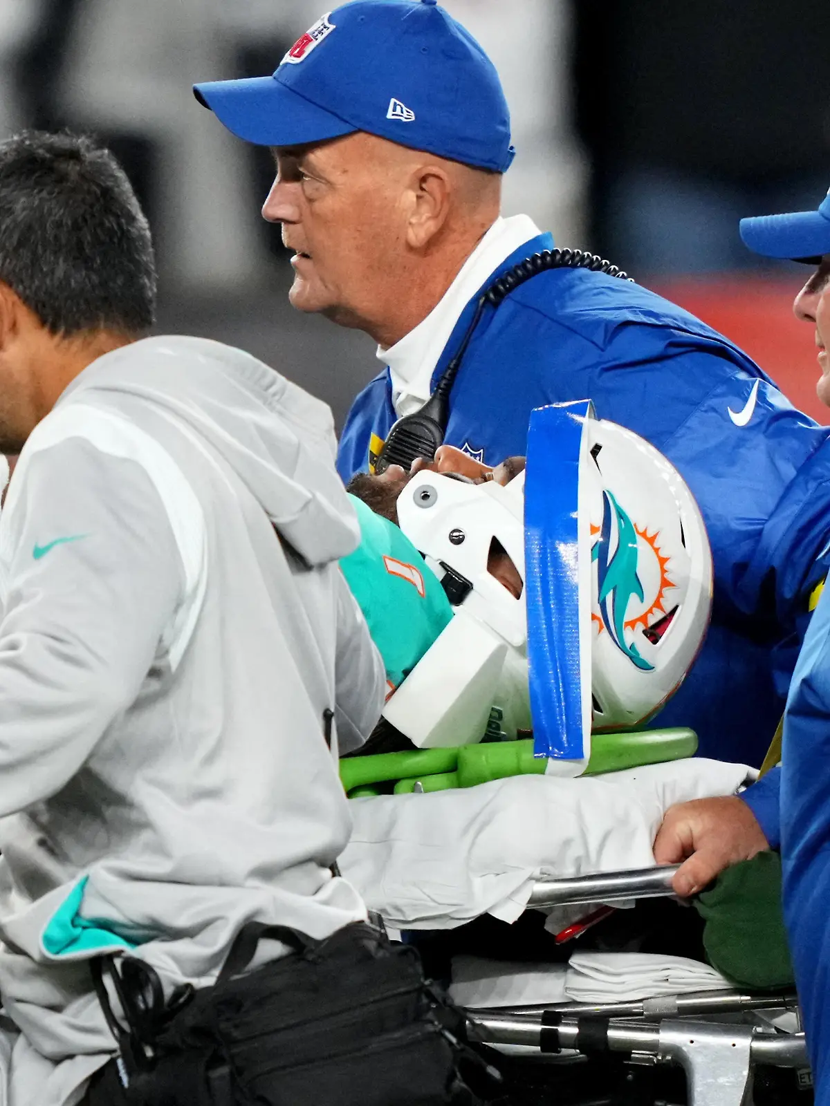 Sep 29, 2022; Cincinnati, Ohio, USA; Miami Dolphins quarterback Tua Tagovailoa (1) is taken off the field after suffering a head injury following a sack by Cincinnati Bengals defensive tackle Josh Tupou (not pictured) in the second quarter at Paycor Stadium in Cincinnati. Mandatory Credit: Kareem Elgazzar-USA TODAY Sports