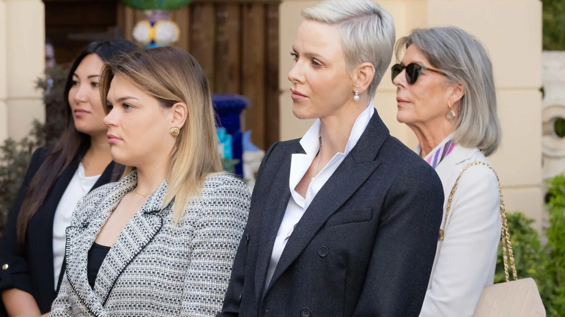 Princess Charlene of Monaco, H.R.H. Princess Caroline of Hanover, Louis Ducruet, Marie Ducruet and Camille Gottlieb attend the Presentation Conference of the centenary celebrations of the birth of Prince Rainier III of Monaco at the Monaco Palace.