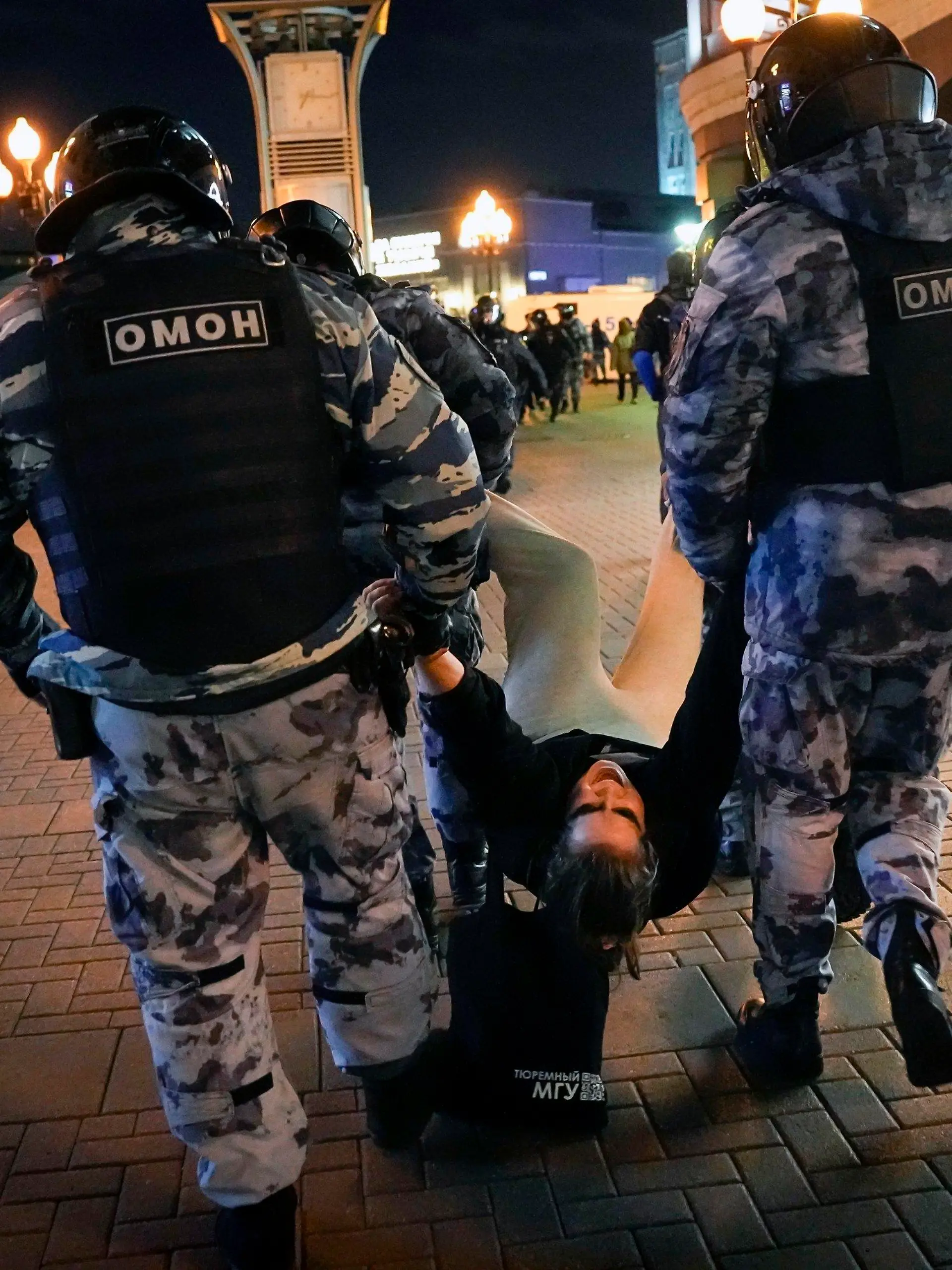 FILE Riot police detain a demonstrator during a protest against mobilization in Moscow, Russia, Wednesday, Sept. 21, 2022. Russian President Vladimir Putin has ordered a partial mobilization of reservists in Russia, effective immediately. (AP Photo, File)