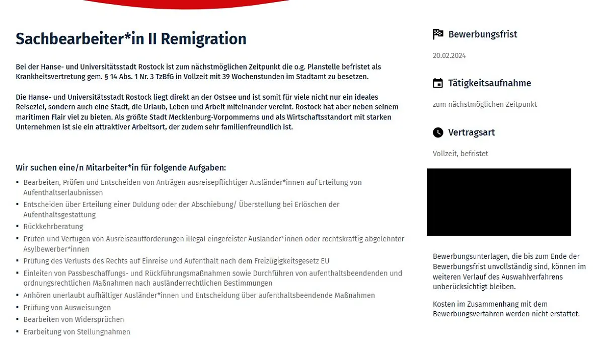 Mit dieser Stellenanzeige sucht die Stadt Rostock eine/n neuen Mitarbeiter/in.