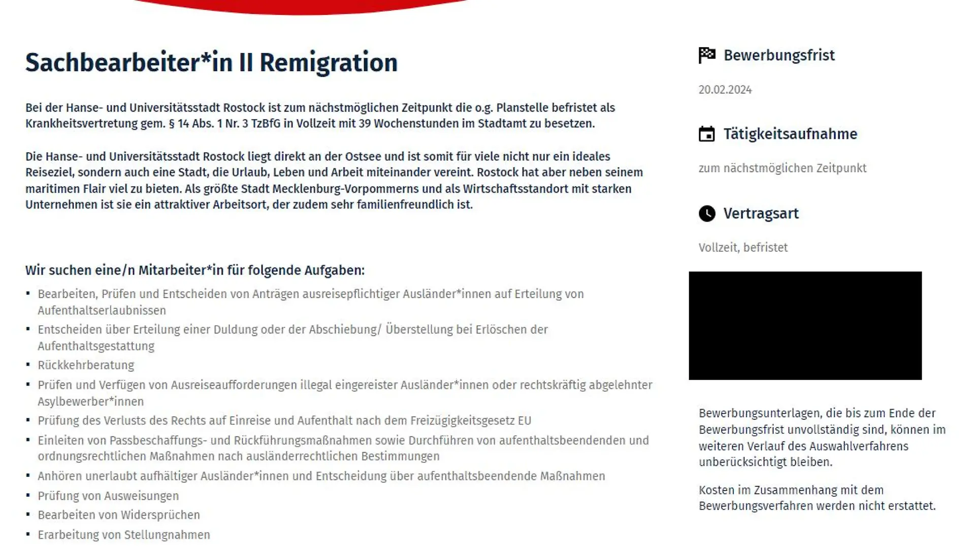 Mit dieser Stellenanzeige sucht die Stadt Rostock eine/n neuen Mitarbeiter/in.
