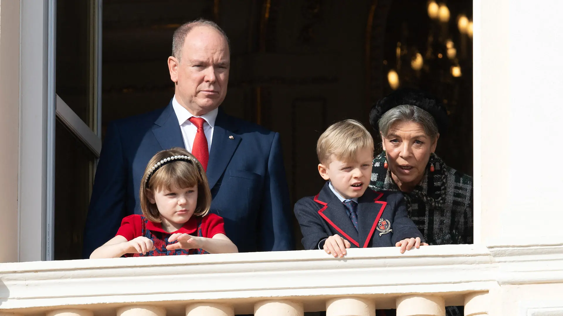 Prince Albert II of Monaco, Princess Caroline of Hanover, Prince Jacques of Monaco and Princess Gabriella of Monaco pose on the balcony during the celebrations of the Sainte Devote, on January 27, 2022 in Monaco, Monaco. Sainte devote is the patron saint of the Principality of Monaco and France's Mediterranean Corsica island. Photo by David Niviere/ABACAPRESS.COM