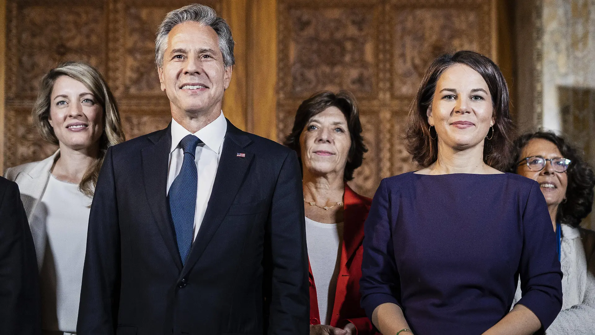  L-R Melanie Joly, Aussenministerin von Kanada, Antony Blinken, Aussenminister der Vereinigten Staaten von Amerika, Catherine Colonna, Aussenministerin von Frankreich, Annalena Baerbock Buendnis 90/Die Gruenen, Bundesaussenministerin, und Marina Sereni, Vizeaussenministerin von Italien, aufgenommen beim Treffen der G7 Aussenministerinnen und -Aussenminister am Rande der 77. Generalversammlung der Vereinten Nationen in New York City, 21.09.2022. New York City United States *** L R Melanie Joly, Minister of Foreign Affairs of Canada, Antony Blinken, Secretary of State of the United States of America, Catherine Colonna, Minister of Foreign Affairs of France, Annalena Baerbock Buendnis 90 Die Gruenen , Federal Minister of Foreign Affairs, a Copyright: xFlorianxGaertnerx