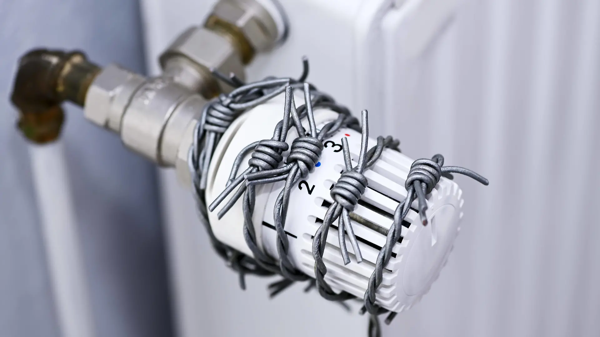 Mit Stacheldraht umwickeltes Heizungsthermostat, Symbolfoto Heizkosten und Gaskrise *** Heating thermostat wrapped with barbed wire, symbol photo heating costs and gas crisis 