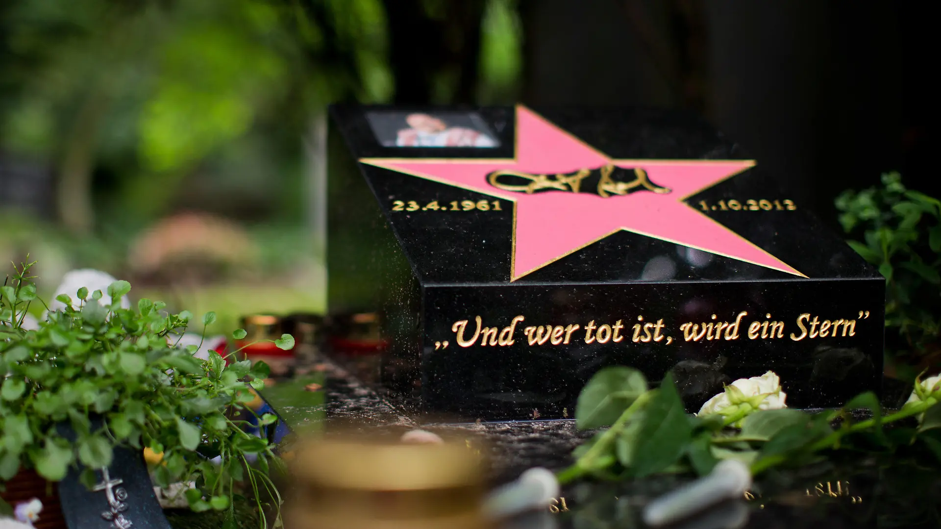 ARCHIV - 04.07.2013, Nordrhein-Westfalen, Köln: Blick auf das Grab von Schauspieler Dirk Bach (1961-2012) auf dem Friedhof Melaten. Dirk Bach galt als besondere Erscheinung in der deutschen Medien-Branche. Er starb am 1. Oktober 2012 - vor zehn Jahren - mit 51 in Berlin. (zu dpa "Der Dicki ist treu wie Gold»: Vor zehn Jahren starb Dirk Bach") Foto: Rolf Vennenbernd/dpa +++ dpa-Bildfunk +++