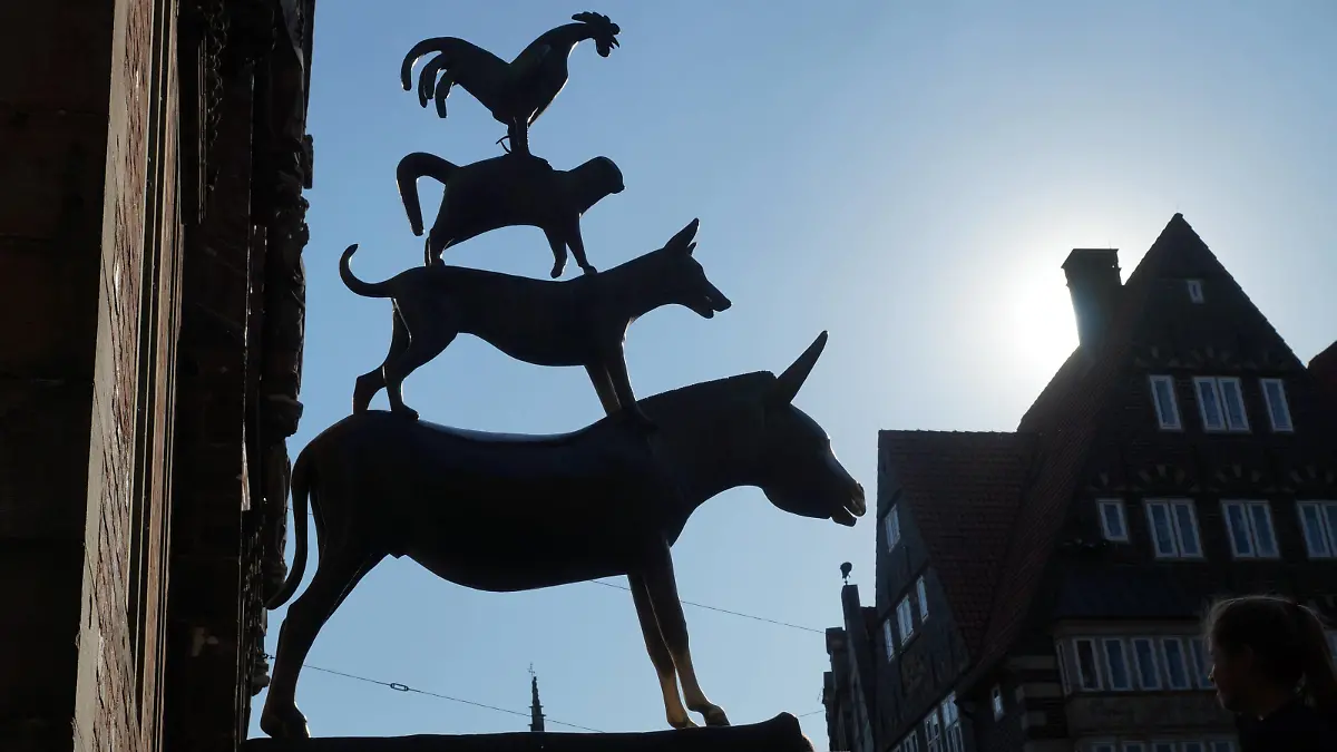 Die Bremer Stadtmusikanten als Bronzeplastik von Gerhard Marcks (1889-1981). Das Denkmal wurde 1953 neben dem Bremer Rathaus aufgestellt. Nach dem weltbekannten Märchen aus der Sammlung der Gebrüder Grimm vertrieben Esel, Hund, Katze und Hahn eine Räuberbande aus ihrem Haus im Wald und kamen dadurch letztlich nie nach Bremen. Den Esel an den Pfoten oder aber am Maul anzufassen, bringt angeblich Glück. Im Hintergrund Giebelhäuser am Marktplatz. *** The Bremen Town Musicians as Bronze Sculpture by Gerhard Marcks 1889 1981 The monument was erected next to the Bremen Town Hall in 1953 After the world-famous fairy tale from the collection of the Brothers Grimm donkey dog cat and cock expelled a gang of robbers from their house in the woods and thus ultimately never came to Bremen Donkey on the paws or touching the mouth brings luck In the ba  