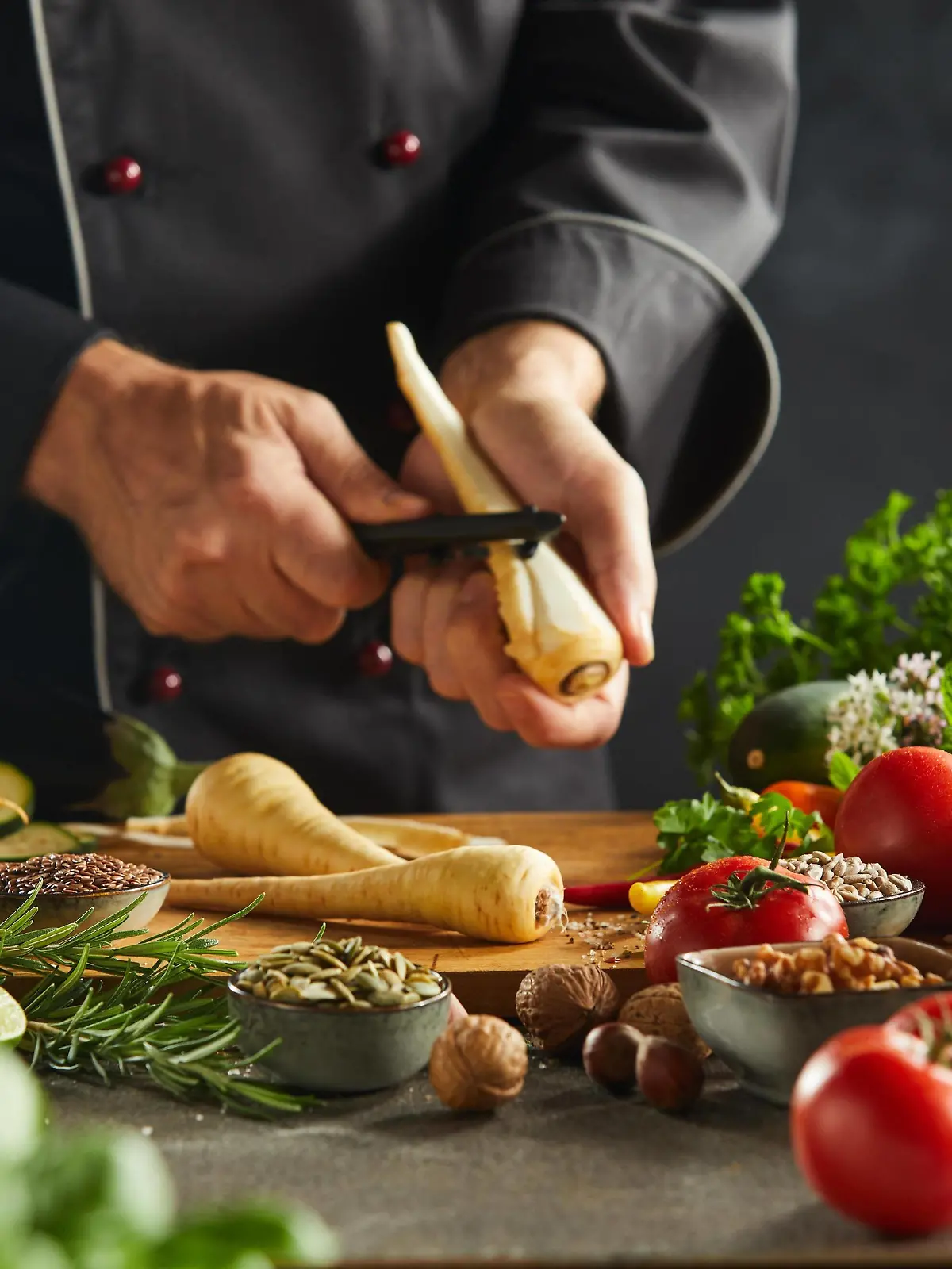  Adult chef peeling carrot above cutting board PUBLICATIONxINxGERxSUIxAUTxONLY Copyright: xfoodandmorex Panthermedia25923562