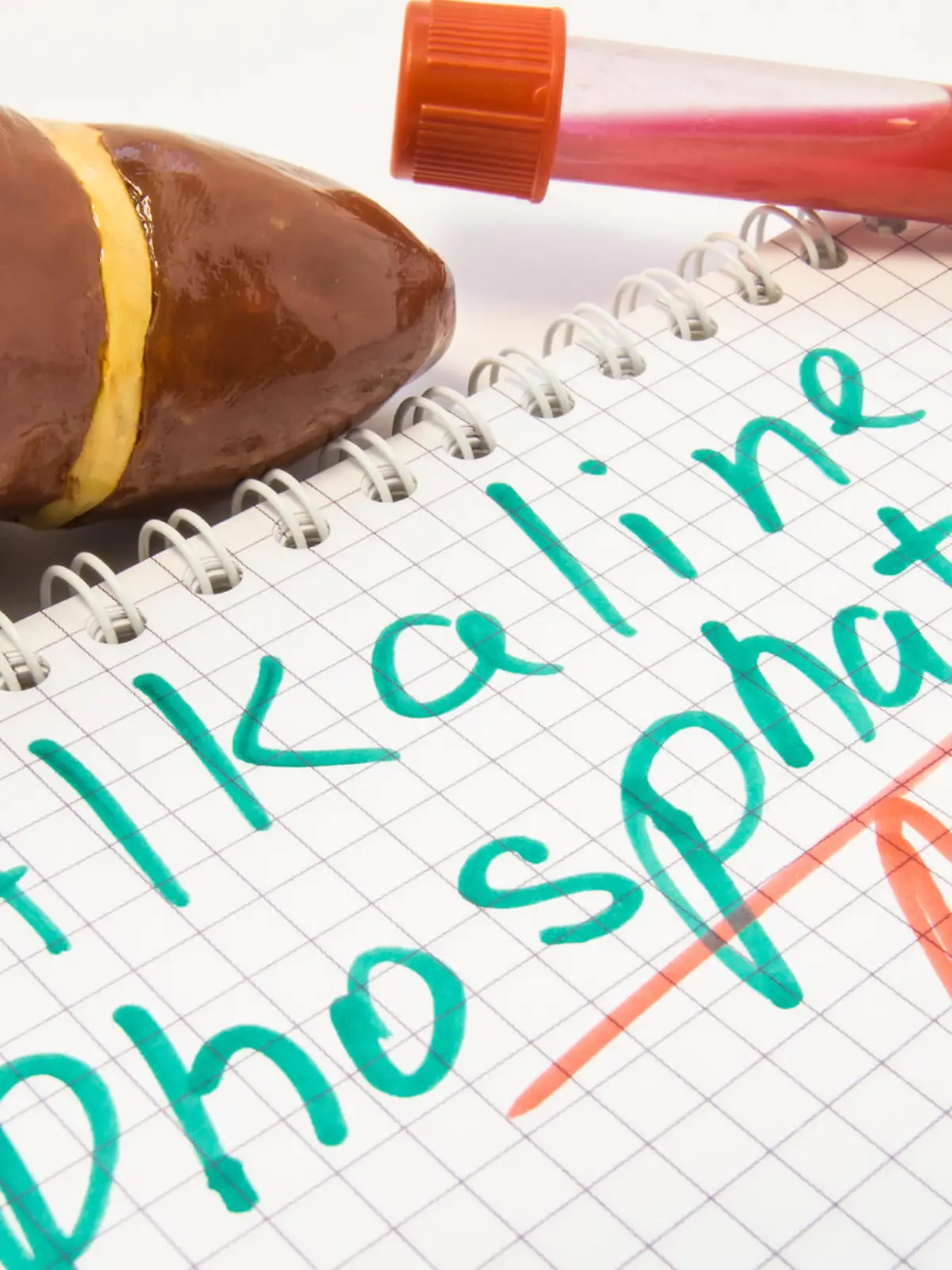 Leber Figur, Reagenzgläser mit Blut, Leber-Funktion-Testergebnis sind in der Nähe von Inschrift alkalische Phosphatase-ALP.