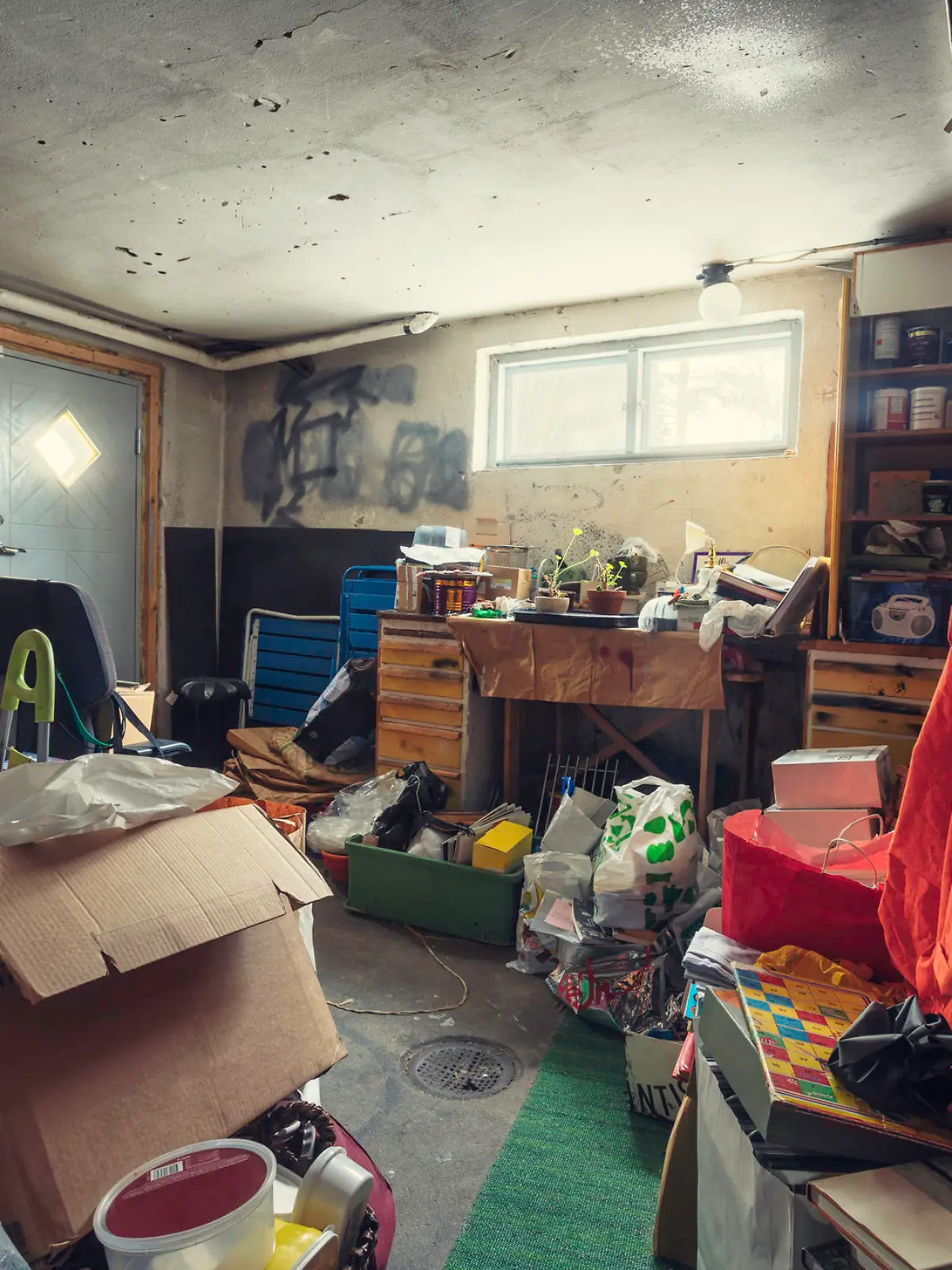 A messy basement / storage room with lots of things.