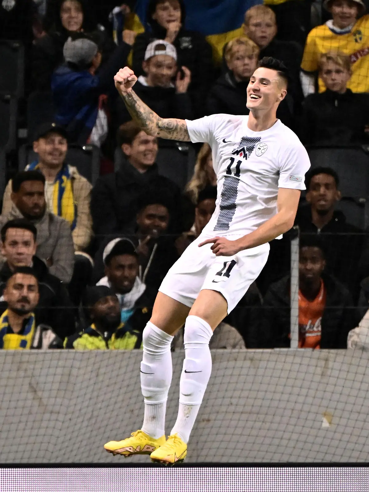 Soccer Football - UEFA Nations League - Group H - Sweden v Slovenia - Friends Arena, Stockholm, Sweden - September 27, 2022 Slovenia's Benjamin Sesko celebrates scoring their first goal  Claudio Bresciani/TT News Agency via REUTERS     ATTENTION EDITORS - THIS IMAGE WAS PROVIDED BY A THIRD PARTY. SWEDEN OUT. NO COMMERCIAL OR EDITORIAL SALES IN SWEDEN.