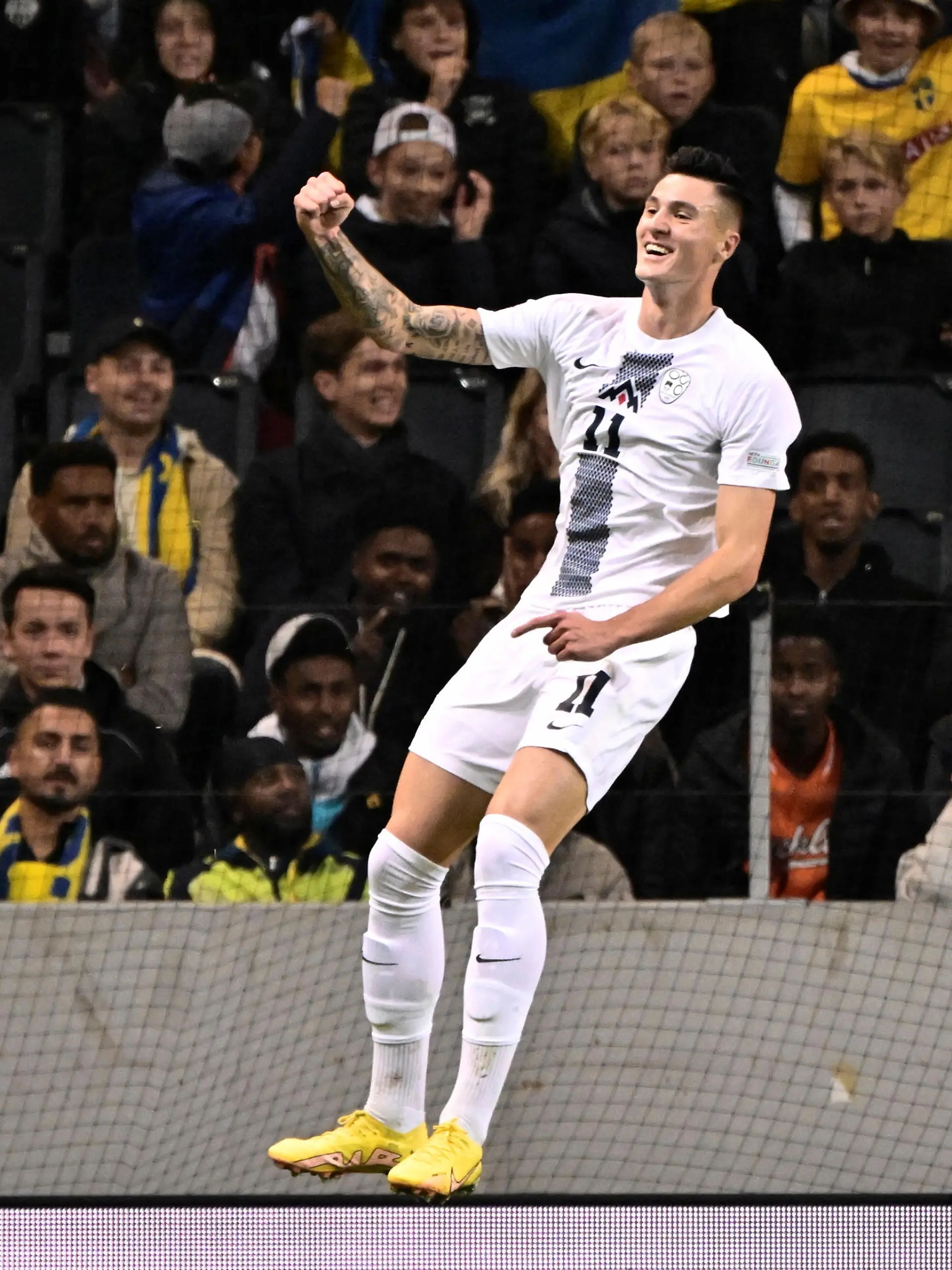 Soccer Football - UEFA Nations League - Group H - Sweden v Slovenia - Friends Arena, Stockholm, Sweden - September 27, 2022 Slovenia's Benjamin Sesko celebrates scoring their first goal  Claudio Bresciani/TT News Agency via REUTERS     ATTENTION EDITORS - THIS IMAGE WAS PROVIDED BY A THIRD PARTY. SWEDEN OUT. NO COMMERCIAL OR EDITORIAL SALES IN SWEDEN.