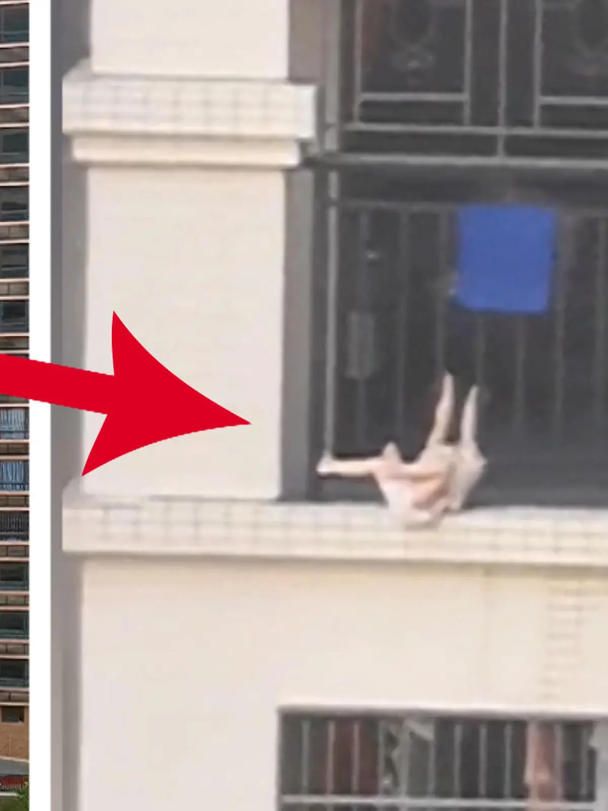 Ein Säugling hängt vom Balkon - die Situation könnte kaum brenzliger sein. Glücklicherweise klettert ein todesmutiger Nachbar ungesichert über die Balustrade, um das Kind zu retten.