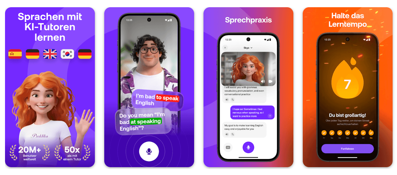 Praktika AI App im Screenshot mit KI-Avatar-Gespräch